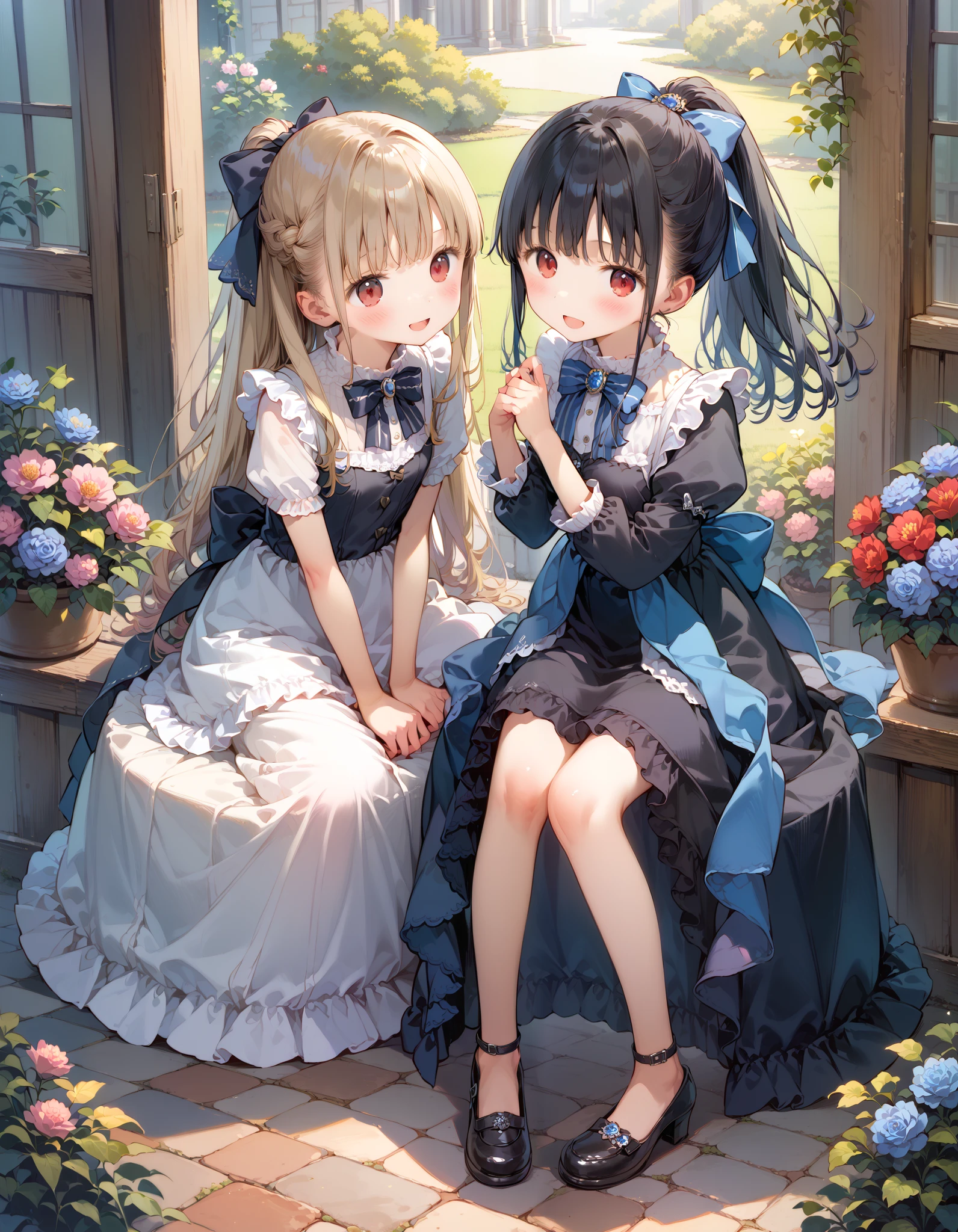 2 girls, Young sisters、 young、 portrait photography, Sparkling Hair、 from my mouth、 ponytail、 red eyes、Lower your eyes, beguiling 、 Exposing Maid Outfit , open、 miniskirt、 dark gothic maid skirt, bow、 pinch up the skirt 、courtesy、Standing with legs crossed、 red knee 、 Black high socks adult video style、 Ribbon on shoes、 Courtyard Hideout , blue rose garden 、 volumetric lighting, top quality, artwork, , tone mapping , sharp concentration, smile、Peaceful 、 hyperdetail, ArtStation trend , Fairytale Garden ,
