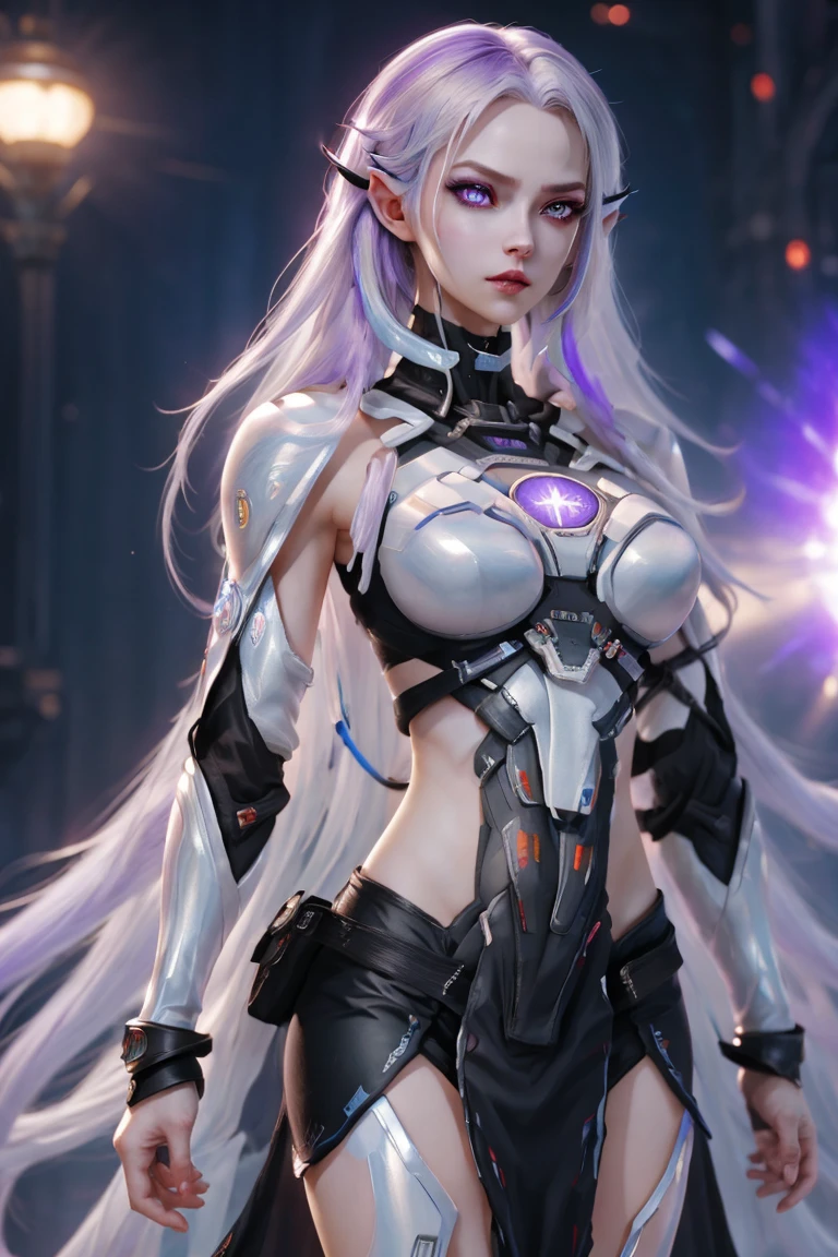 (((Medium Full Body Shot)))、(((Medium Full Body Shot)))、(((Medium Full Body Shot)))、top-quality、masterpiece、A high resolution、(Photorealsitic:1.4)、RAW photo、Battle Cyborg Angel、large wings made of metal、White porcelain body、Acrylic Clear Cover、white hair、glowy skin、1 Cyborg Girl、Beautiful girl、 ((super realistic details))、globalillumination、Shadow、octan render、8K、ultrasharp、character edge light,Colossal tits、RAW skin is exposed in cleavage、Details of complex ornaments、Gothloli details、Hydraulic cylinder、 ((Small LED lamp))、highly intricate detail、Realistic light、a purple eye、radiant eyes、(neon details)、Futuristic headgear、About Cyberpunk、、