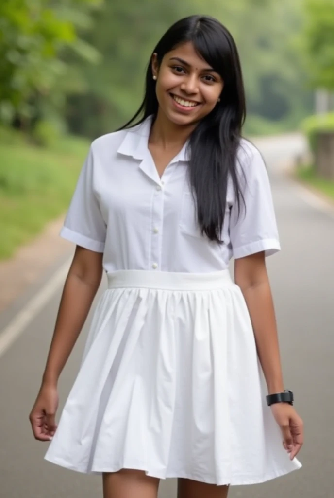 1girl, Solo, One woman of about 25 years old, black long hair, Hazel eyes, happy face, flower pattern dress without sleeves, white shoes, standing outside, park photography, mature woman, body measurement 36-25-35, RAW Photography, 8k, , Masterpiece, Full Body Shooting, Top Quality, Fine Pore, Realistic, Photorealistic, Ultra Detailed, more realistic dress.