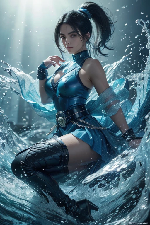 A beautiful demon magician who evokes water and casts water spells.,Standing and watching the audience, various water chains around her,(((finely detailed perfect face))),A light smile, Beautiful Face, Captivating body,Tall body, Mature Body, break water aura, Gun, Water Balls , the flow of water through her body, floating with the movement of her hands, The blue transparent water spray is dazzling, Water phoenix flying in the background, enough pure water on the ground to cover her feet, Water Bender, Floating Water, water flows freely through the air,sexy body BREAK,detailed,Realistic,4K の非常にdetailedなデジタルアート,Octane Rendering, Bioluminescent, BREAK 8K resolution concept art, realism,Mappa Studio,masterpiece,Highest quality,Official Art,figure,Clear lines,(nice_color),Perfect composition,Absurd, Fantasy,Concentration