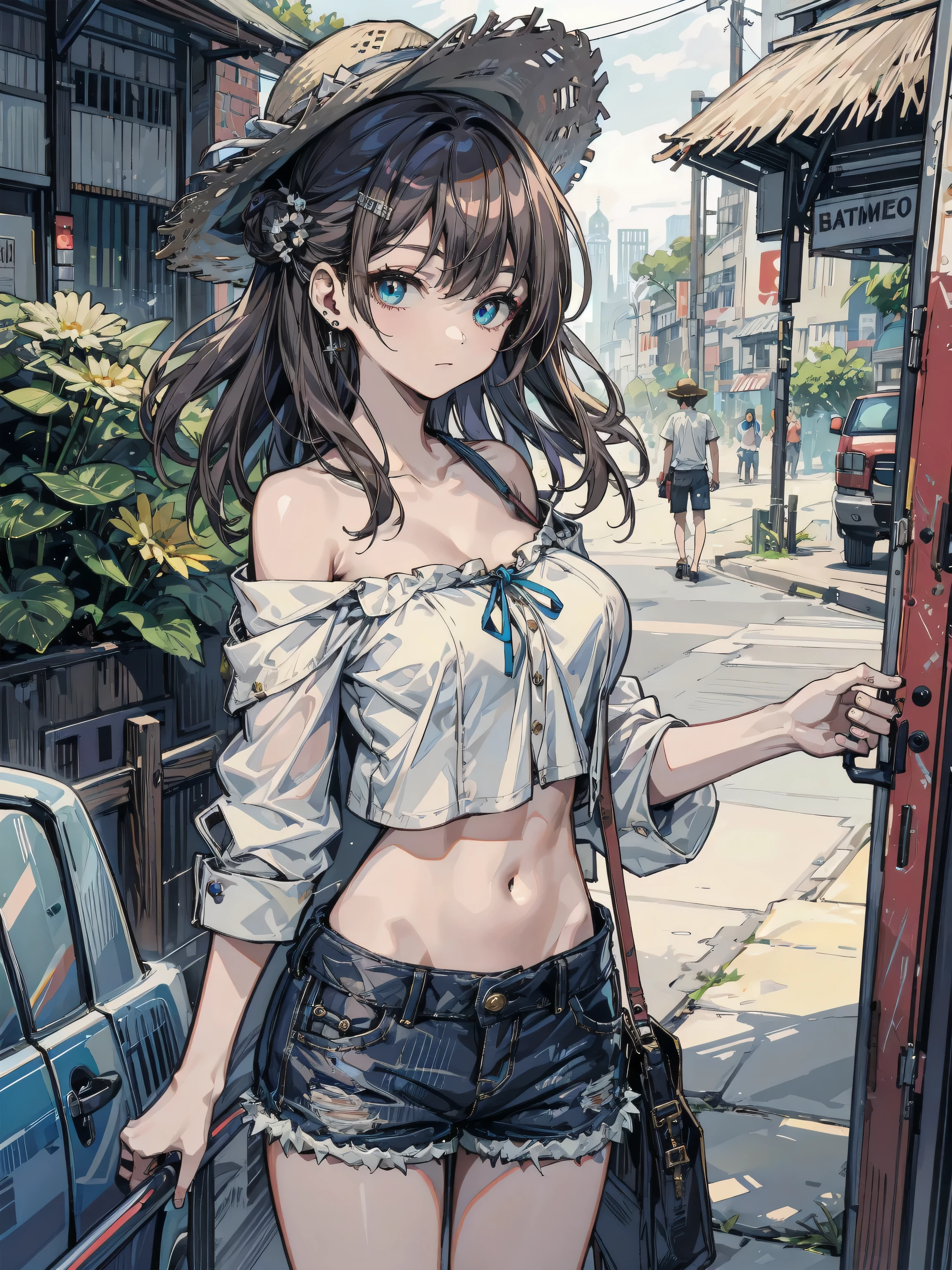 looking at viewer, earring, huge breasts, medium hair, half updo, hair ornament, black hair, cowboy shot, casual, blouse, white shirt, buttoned shirt, bare shoulders, collarbone, midriff, navel, shorts, straw hat, outdoor,