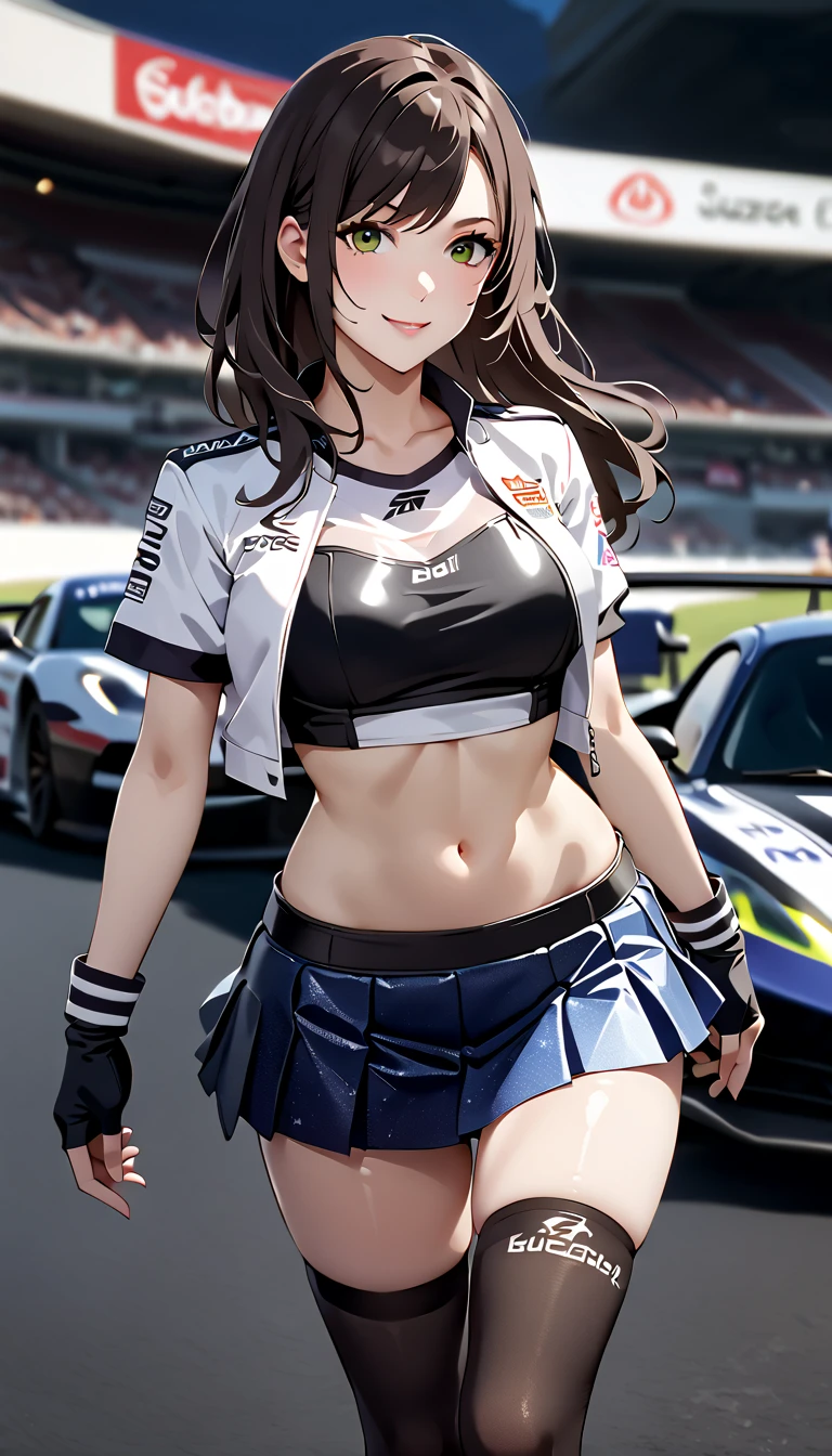 (best quality, masterpiece, ultra-detailed, 32k:1.2), simple lines, anime style, pit girl posing beside a mercedes racing car, perfect body, (huge breasts), wide hips, the car has sponsor decals, number "69", at the paddock