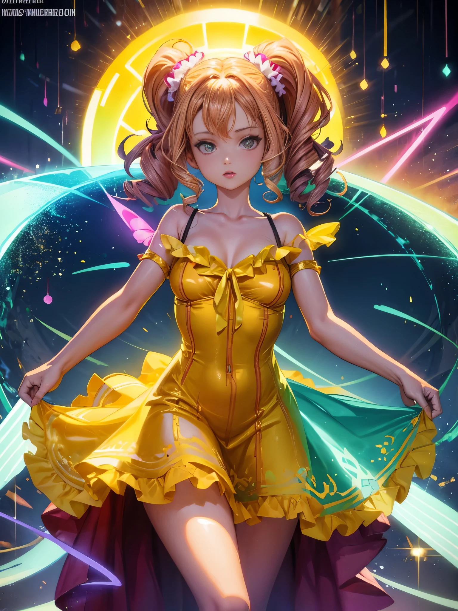 random angle image, brush drawing image, portrait image, beautiful busty Asian female teen, aged 20, soft skin colour, flowing long light brown hair, yellow slim fit maid dress, dynamic pose, yellow smoke lines behind, white background, 8K resolution