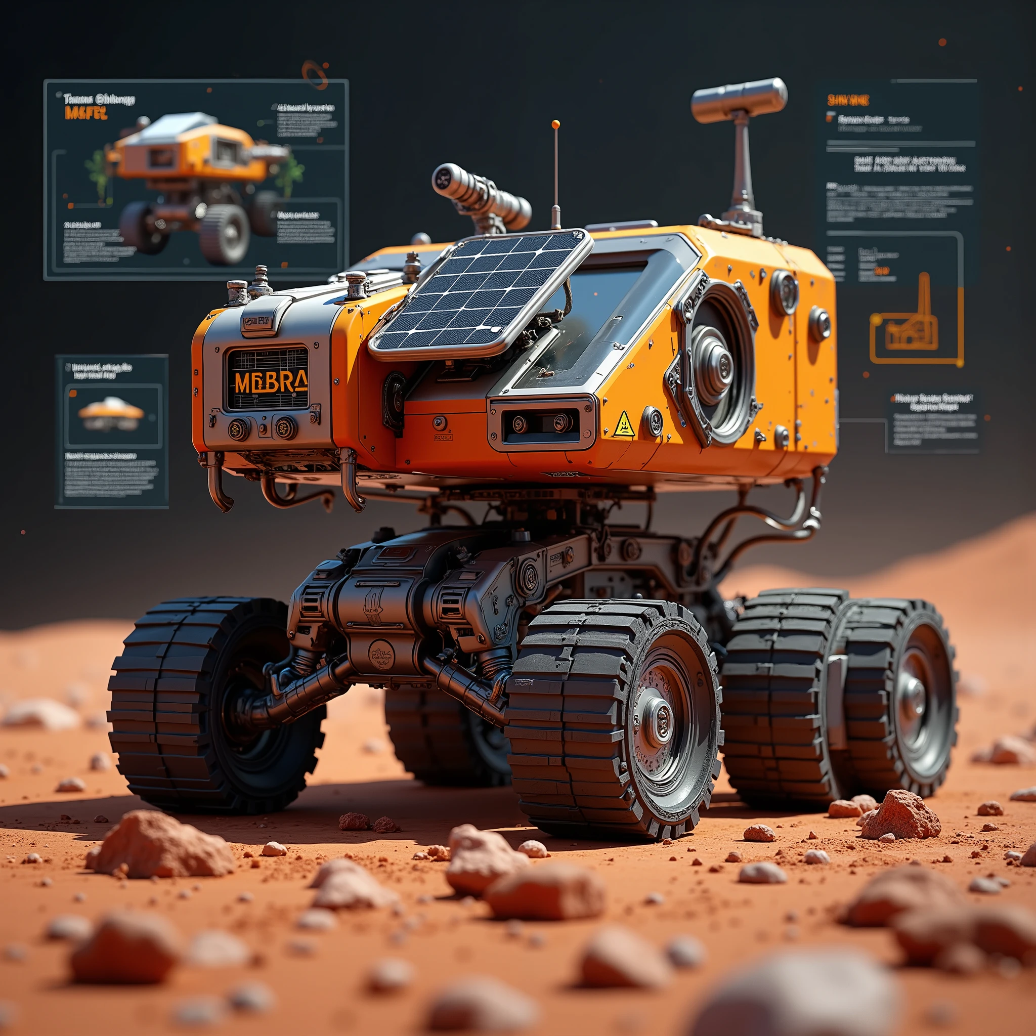 Movie Cinema Static Professional 3d Model Prompt  :" A detailed blueprint style sketch , depicting an autonomous robot system , Specially used for building landing and launch platforms on Mars .  Robot equipped with large stable arm for flat terrain ,  for laying heat-resistant and durable Heat Resistant Construction Arm for Platform Materials,  Modular tools for reinforcing structures .  3D rendering design highlights its orange and gray metal body ,  Solar Panel , Dust Proof Mechanism .  Background includes diagram showing the platform assembly process ,  Attached Notes on refueling and spacecraft pairing system ." .  octane rendering,  Extremely Detailed, Volumetric,  Dramatic light  . Shallow depth of field, vignette,  Extremely Detailed,  high budget ,  Bokeh , cinemascope, emotional, [典雅, gorgeous, film grain, Particle Sensation 