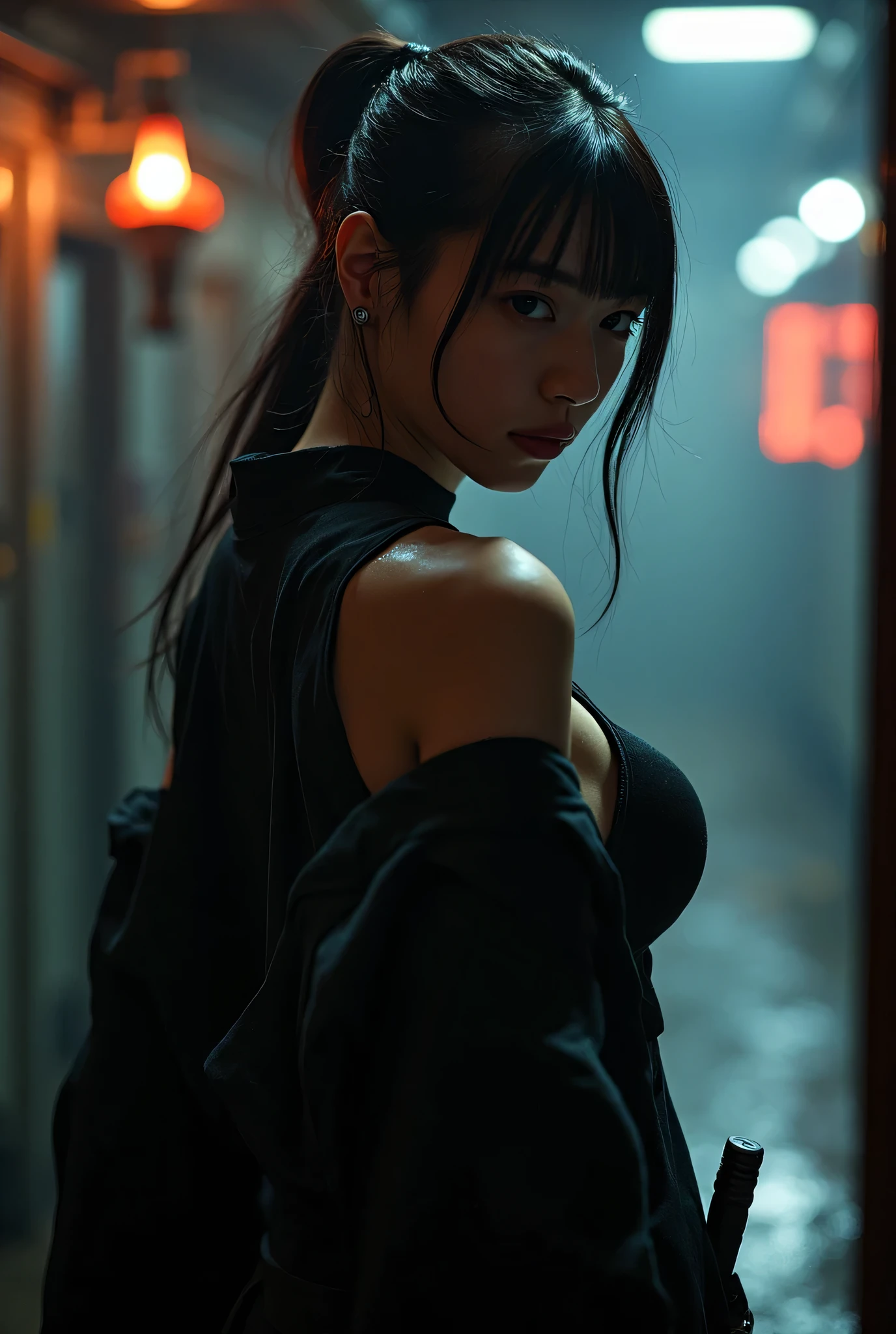(((The dark interior of the Nostromo ship :2.0))),((( HR Gigger Style Cyberpunk Atmosphere :2.0))),(((Hold a cyberpunk-style Japanese sword:2.0))),Side view from the back ,Side pose,(( Look Back and Look at the Camera:2.0)),(( looking back over my shoulder :2.0)),Rear View,((whole body:2.0)), one woman,( cute face),(Beautiful well-balanced face ),(( natural big breasted :2.0)),( black hair:1.5),( beautiful eyes:1.3), glamorous shot of a 20 year old Japanese woman , Slender Beautiful Body ,(( model body type:2.0)),(( slim body with hot water:1.7)), perfect body line , ideal proportions ,( big breasts:2.0),Bare thighs, sensual thighs, delicate body,( Muscular:1.5),A harmonious posture,((Beautiful ass:2.0)),((cute ass:2.0)), ((((Bare ass :2.0)))),((( T-back :2.0))),(Realistic breast depiction :1.5), carefully depict limbs based on perfect anatomy,((Wear a samurai kimono-style military coat with an open front over a black super high-leg leotard :2.0,(( is a super high-leg leotard made of camy-style latex that fits the body:1.5)),(( Samurai kimono-style military jacket with the front open over a leotard:1.5)),(ear monitor:1.5),((Tactical Holster:1.5)),( gloves:1.3), Concept Art,( top quality:1.5),( Masterpiece:1.5),(超高resolution),resolution,UHD,( delicate depiction), carefully drawn with butterfly wings ,32K,(( realistic skin texture:1.5)),((( Super realistic :1.5))), eyelashes, Highly Detailed Face,Highly detailed female hand,Very sensual,(Blurry Dim Backgrounds :1.5), professional photography,( Movie Lighting:2.0),(( Blade Runner Style Lights :2.0))