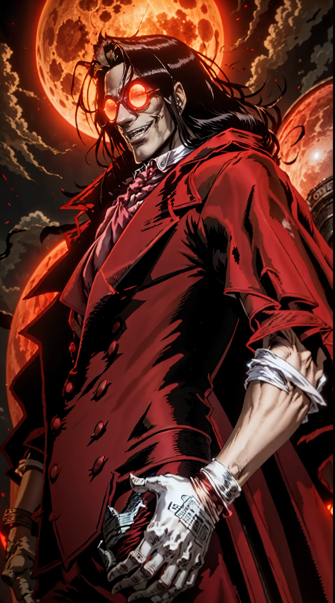Hellsing, character Alucard, ( male) Standing character , red coat, Red glass, Night Scenery, The background is a red moon , black hair, Intricate Body Details