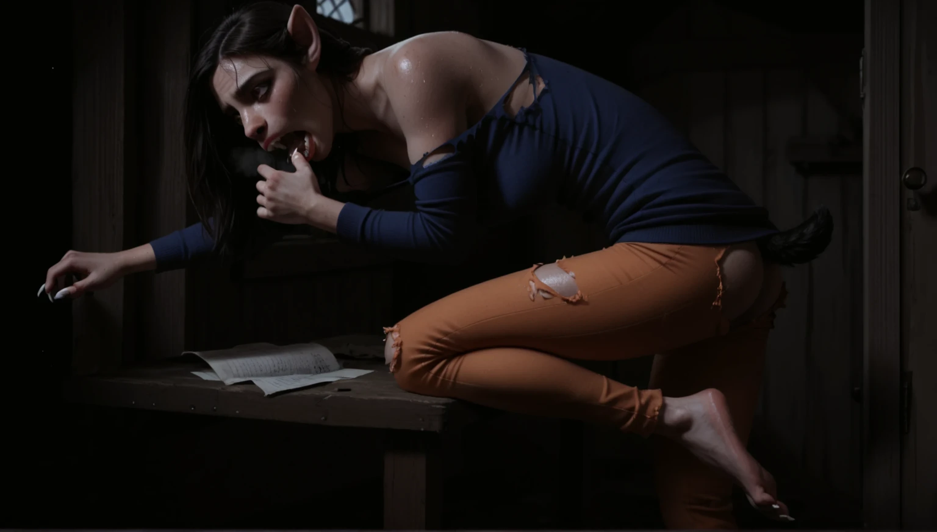 Looking forward, feet up, Three-quarters angle, Leg lift on table, against table, transformation into werewolf, snout, whiskers, wolf nose, fur, sharp ears,:1.3, long white nails, fangs, female, beautiful face, dark hair, tight torn clothes, blue sweater, pale orange pants, tiny tail, sweating, slobbering, in pain, hard breath, screaming, abandoned cabin, trash around, broken stuff, in corner, window, sharp focus, ((deep night, darkness, dramatic moonlight)), (Raw, masterpiece, fantasy, deep shades, ultra detailed)