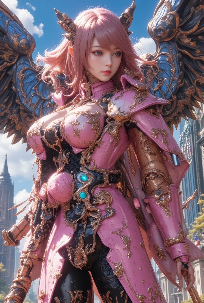 (A smile), Professional , ​masterpiece、top-quality、photos realistic , depth of fields （Gemstone White Metal Body:1.９),(Matte White Pink、Jewel Gold Weapon、（Gorgeous castle background）、（ultimate beauty girl）、（Rainbow fairy wings grow）、Particles of light、（Metal body of iridescent gemstones:1.９),Gorgeous Jewel Metal Weapons ,（maikurobikini）、 Detailed Sword of the Brave ,（ Pink hair）   ,warhammer 40k , adepta sororitas,Detail and ornate jewel crown、独奏、Brown hair、Mystical expression、cleavage of the breast、（Gangle's forest background）、Beautiful Caucasian beauty、１a person、dynamic ungle,(((Diamond tiara with detail and luxury)))、a small face、Powerful poses、（Gorgeous castle background）、huge filesize、A teenage girl、Stand in the center of the screen、Thin female fingers、Straight long hair、Beautiful Caucasian beauty、（maikurobikini）、Hair fluttering in the wind、Look at viewers、（Armpit）、Toostock、