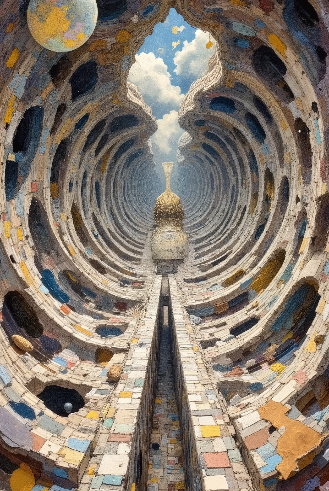 The structure bends where it should hold, shatters where it should be seamless. Perspective is a lie—planes fold, staircases stretch into themselves, doors refuse to lead anywhere. Escher-like corridors spiral into recursion, paths designed to be walked but never arrived upon.
The surface is uneven. Van Gogh-like textures ripple across the walls, the floor, the sky—thick impasto where there should be smoothness, ridges that breathe when unobserved. The negative space is not empty. It is shifting, reforming, pressing inward.
Something lingers at the edges. Goya-like figures hover at the periphery, sketched in fleeting strokes, features undefined, their presence undeniable. They are not real. They are not imagined. They are merely waiting, silent outlines caught in the unfinished act of existing.
Light does not function here. Caravaggio-like illumination burns too bright, yet refuses to reach the places it should. Shadows do not belong to objects. They stretch, they lengthen, they curl inward and fold into themselves, consuming their own origins. The darkness is not passive. It does not wait.
At the center, an object that is neither solid nor void. Dali-like distortions ripple across its edges, its form shifting between states, a shape without definition, a presence without permanence. The more it is seen, the less it is known.
Lines bleed into the void. Colors sink into themselves. The composition fractures, not by force, but by design. The space is neither collapsing nor expanding.
Not motion.
Not stillness.
Only becoming.