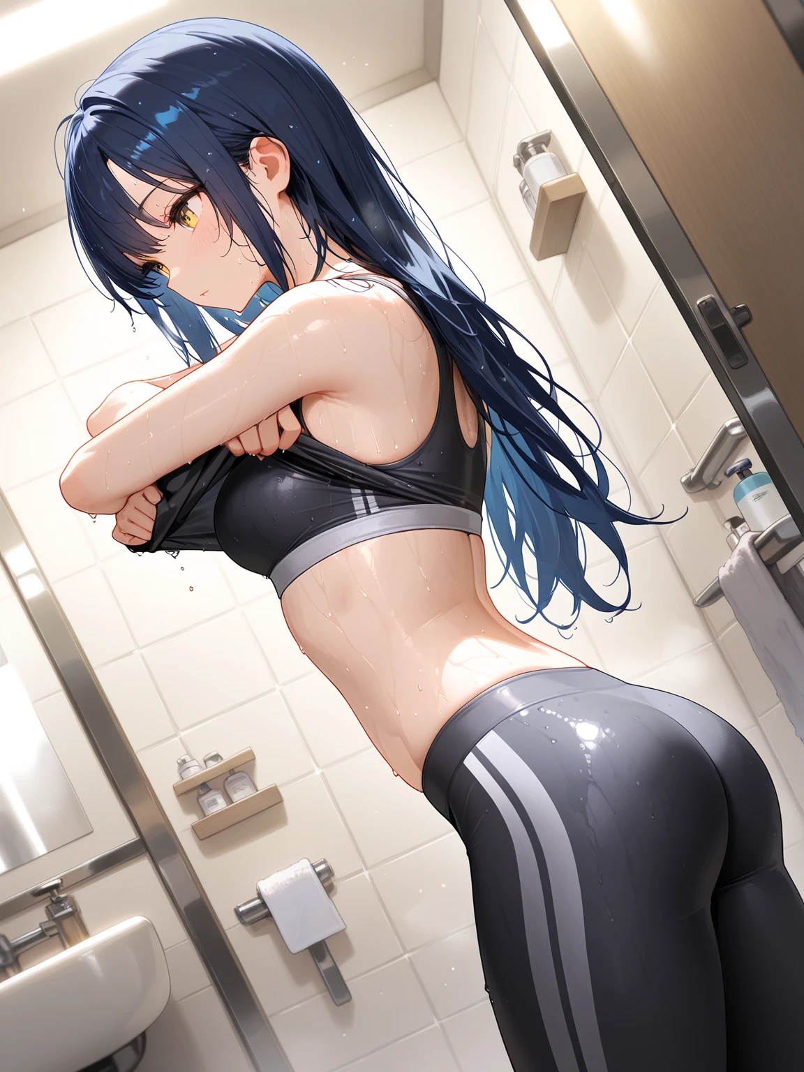 1 anime girl, YOUNG, hips, normal thighs, small ass, tight sweaty leggings, sweat, back view, bare belly, huge bare breasts, gym background, turning to look back, Brown hair, glasses, drinking water, extended left arm, hand grabbing bottle, right hand grabbing a buttock, buttock being grabbed, hand taking buttock, hand squeezing buttock, provocative, blushing, frowning expression, sexy, high quality, by the taken.