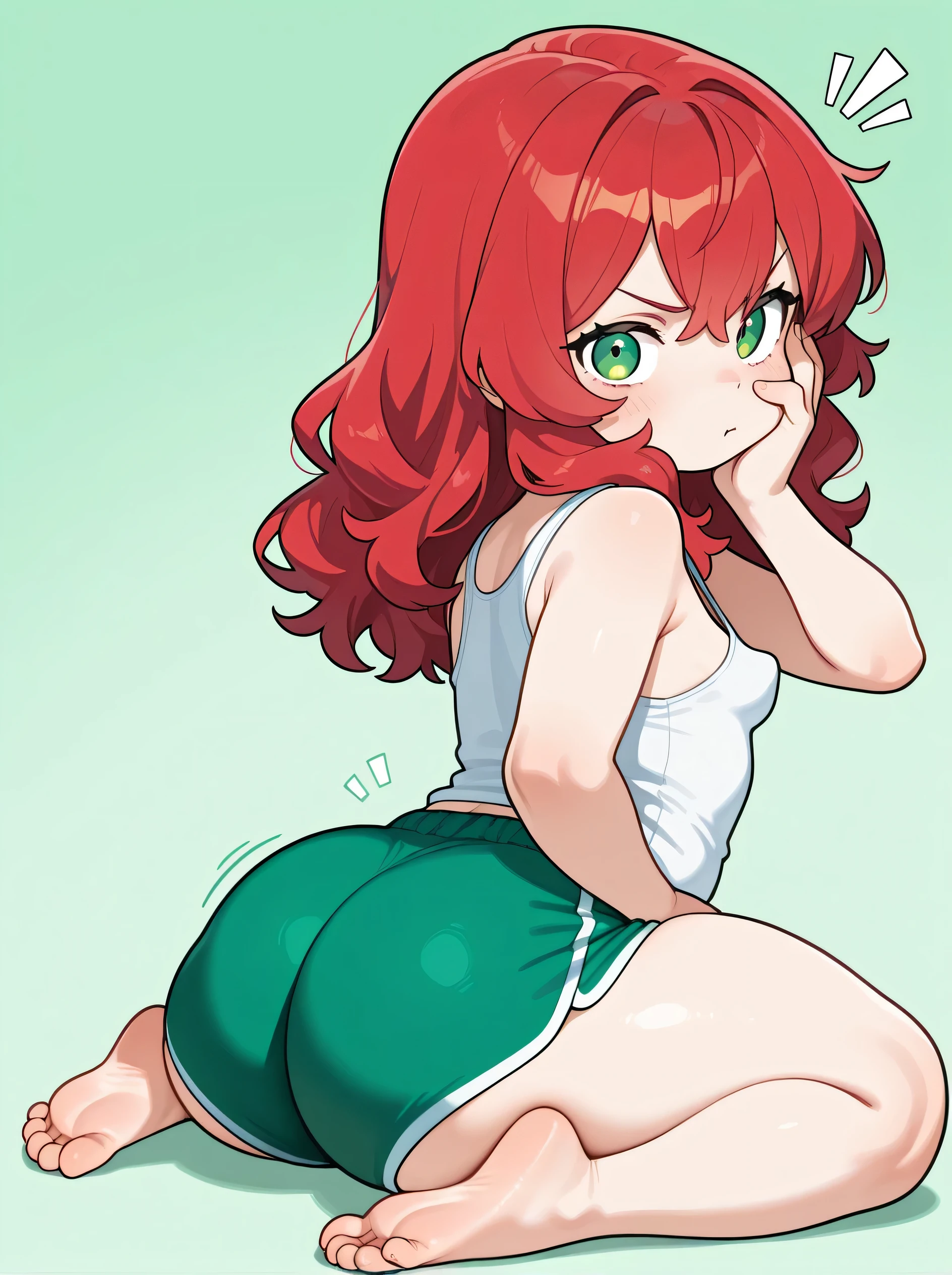 Backview of 1 young girl sitting on a light-green background, the viewer grabbing her fat and plump buttocks. (She has long wavy red hair. She is ite and small, with tiny perky breasts. She has green eyes. Volumptous butt, with thick thighs.) (She wears a tight white tank-top and green bootyshorts, barefoot) (Good lighning, good composition. 5 toes on each foot and 5 fingers on each hand) (Her face is annoyed and surprised)