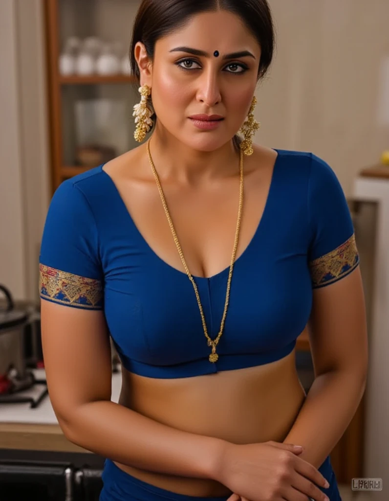 Front side camera view, women  in kitchen,washing utensils,wet sexy body,looking at camera,lusty blue eyes, with lust in her eyes, tongue  out from mouth,black hair tied around, flowers in head, mangalsutra in neck, blue saree, red lips, black eyeliners, eyelashes, noserings, sexy cleavage, blue colour blouse, black saree,sweaty body, thick arms, inside bedroom, 8k , intricate details. 