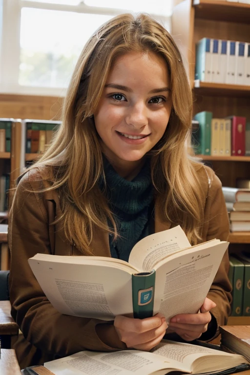 blonde woman sits in a university library, she is smiling, she is wearing winter clothes, she has big breast, carefully observing an open book in front of her. Natural light pours through the large windows, highlighting her illuminated face. The walls adorned with shelves full of books, academic images, and maps create a stimulating atmosphere and a learning environment. The serene expression on her face conveys determination and passion for learning, revealing the engaging academic environment in which she finds herself.