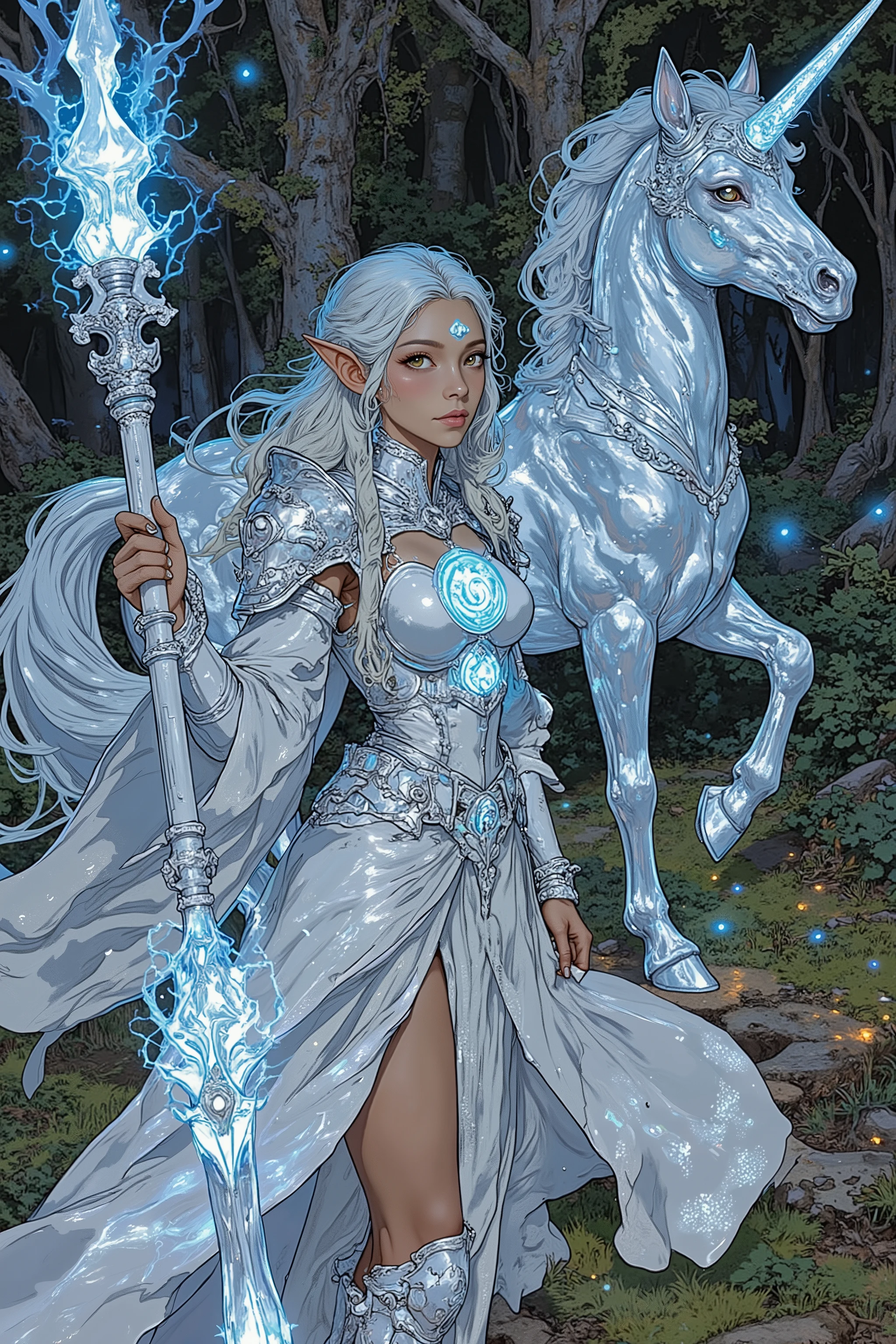 A high-resolution digital painting of a **confident female Elven Battlemage** standing in front of a **majestic Unicorn** in an **enchanted Elven forest**. She wears a **flowing battle robe with glowing arcane symbols**, paired with **light elven armor** that radiates faint magical energy. She holds a **mystical battlestaff**, its **crystal core pulsing with ethereal light**.
The **Unicorn** behind her has a **sleek, regal appearance**, with a **shimmering silver coat** and a **spiral horn glowing with divine magic**. The **Elven forest** in the background is **mystical and serene**, with **towering ancient trees, softly glowing vines, and floating magical wisps**. The **composition emphasizes her arcane power and the mythical beauty of her surroundings**, making it perfect for **fantasy concept art or a book cover**.