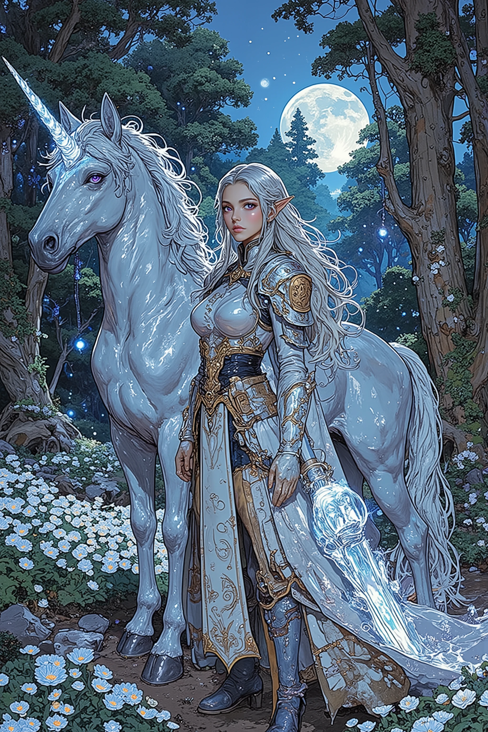A high-resolution digital painting of a **confident female Elven Battlemage** standing proudly in front of a **majestic Unicorn** in an **enchanted Elven forest**. She wears **ornate battle robes interwoven with arcane symbols**, complemented by **light elven armor with glowing magical engravings**. Her **long silver hair flows freely**, and her **piercing violet eyes glow with arcane energy**. She wields a **magnificent battlestaff**, its **crystal core radiating an ethereal, otherworldly light**, hinting at immense magical power.
Behind her, the **Unicorn** stands as a **symbol of purity and wisdom**, its **elegant form covered in shimmering silver fur**. Its **spiral horn pulses with divine magic**, and its **mane flows like enchanted silk, glowing softly in the moonlight**. The **Unicorn’s hooves barely touch the ground**, as if it exists between realms, ready to channel ancient magic at any moment.
The **background showcases an ethereal Elven forest**, bathed in **soft, mystical light**. Towering **ancient trees with glowing vines and floating magical wisps** create a dreamlike atmosphere. The **forest floor is covered in luminescent flowers**, and a **gentle mist swirls between the trees**, adding to the **enchanted, serene setting**. The **moonlight filters through the dense canopy**, casting an otherworldly glow over the scene.
The composition highlights the **Elven Battlemage’s commanding presence, the Unicorn’s divine aura, and the mystical beauty of the forest**, blending **fantasy realism, arcane elegance, and mythical adventure aesthetics**. This cinematic fantasy artwork is **ideal for concept art, a fantasy book cover, or an epic RPG illustration**.