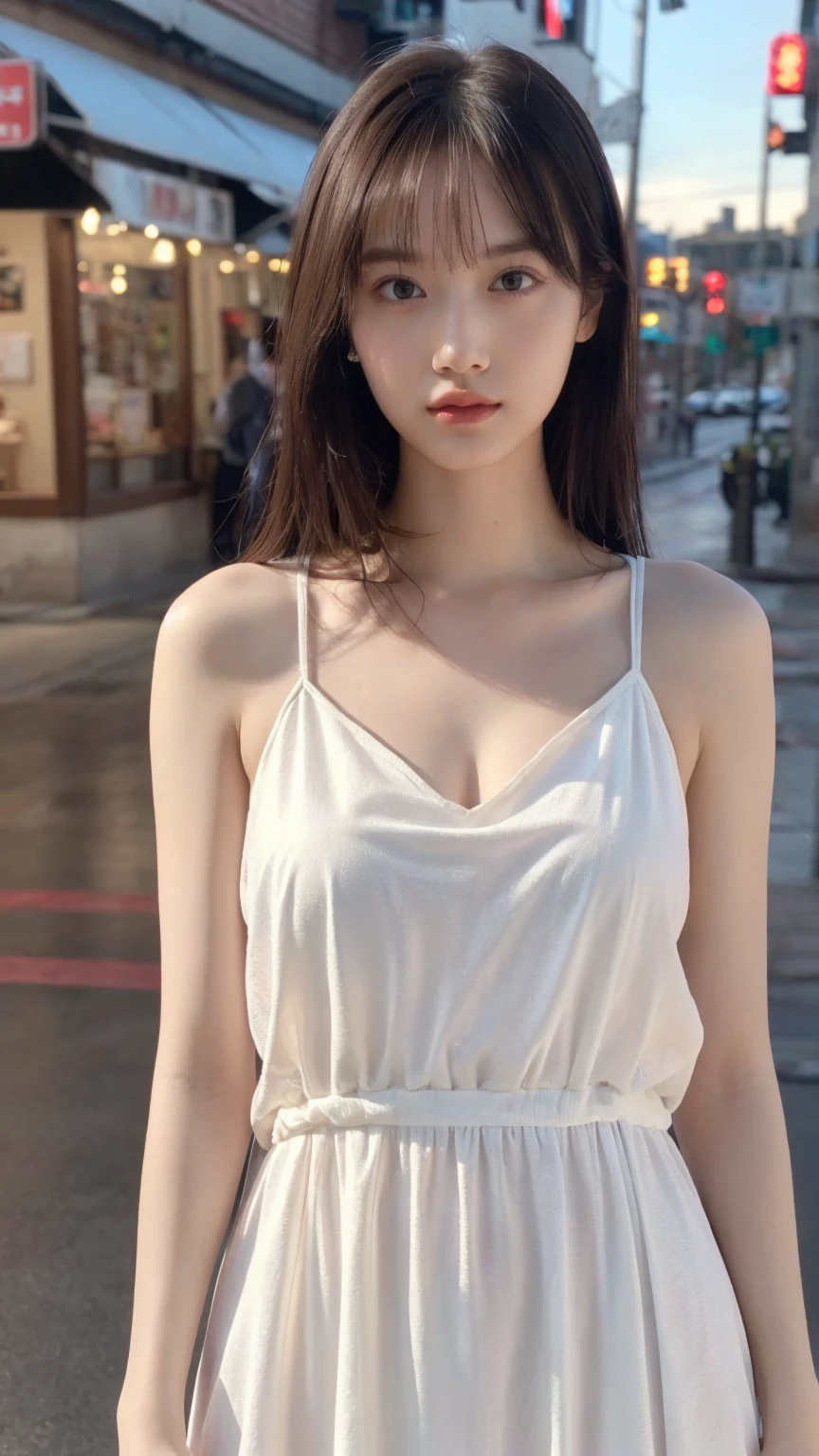 Araki woman in white dress standing on a street corner, Gorgeous young Korean woman, tall thin beautiful goddess, Open V chest clothes, photo of slim girl model, light half opened dress, Bandeau Dress, beautiful Korean women, ulzzangs, photo of slim girl, wearing white camisole, korean women's fashion model, hot with shining sun