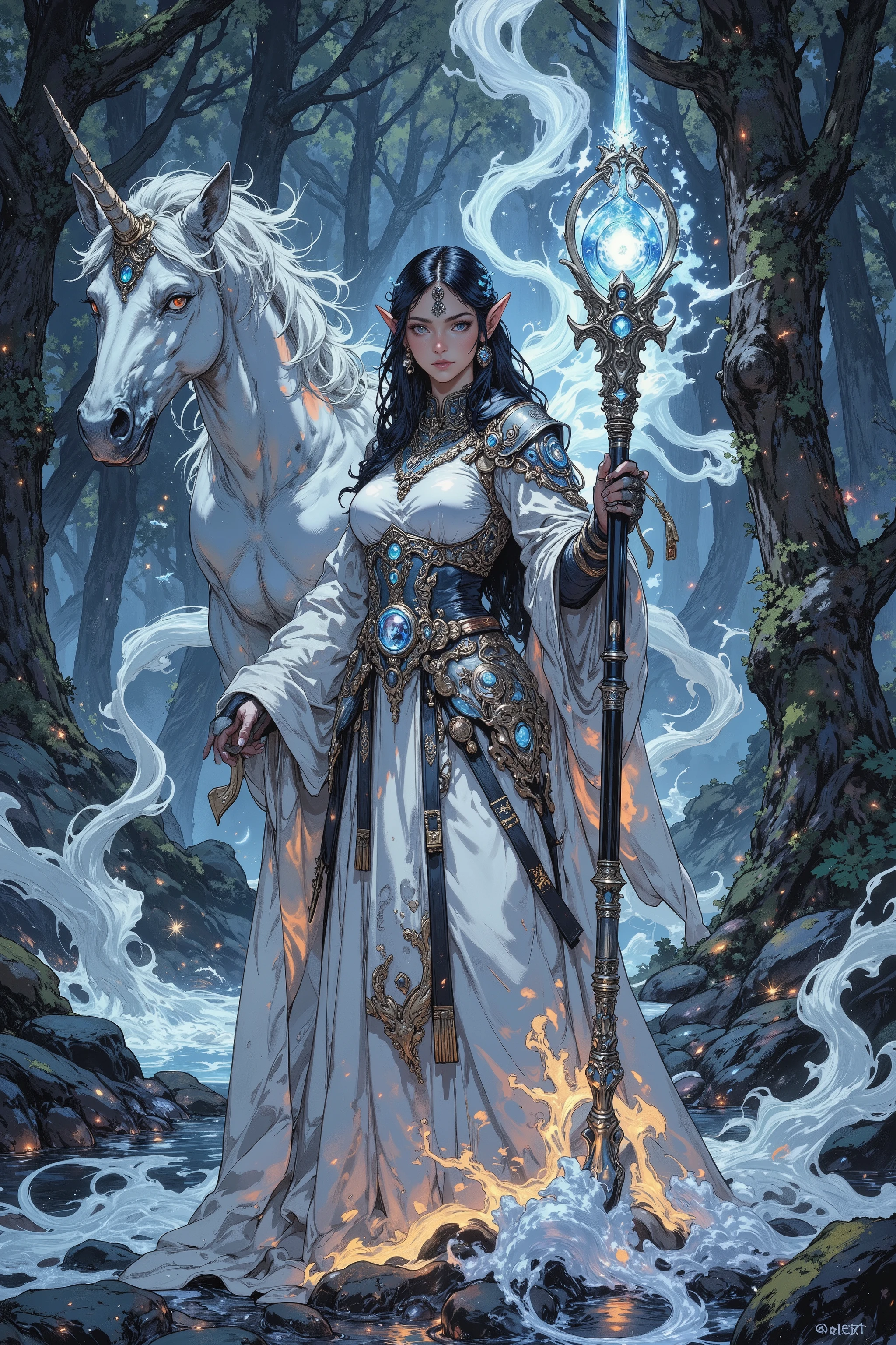 A high-resolution digital painting of a **confident female Elven Battlemage** standing in front of a **majestic Unicorn** in an **enchanted Elven forest**. She wears a **flowing battle robe with glowing arcane symbols**, paired with **light elven armor** that radiates faint magical energy. She holds a **mystical battlestaff**, its **crystal core pulsing with ethereal light**.
The **Unicorn** behind her has a **sleek, regal appearance**, with a **shimmering silver coat** and a **spiral horn glowing with divine magic**. The **Elven forest** in the background is **mystical and serene**, with **towering ancient trees, softly glowing vines, and floating magical wisps**. The **composition emphasizes her arcane power and the mythical beauty of her surroundings**, making it perfect for **fantasy concept art or a book cover**.