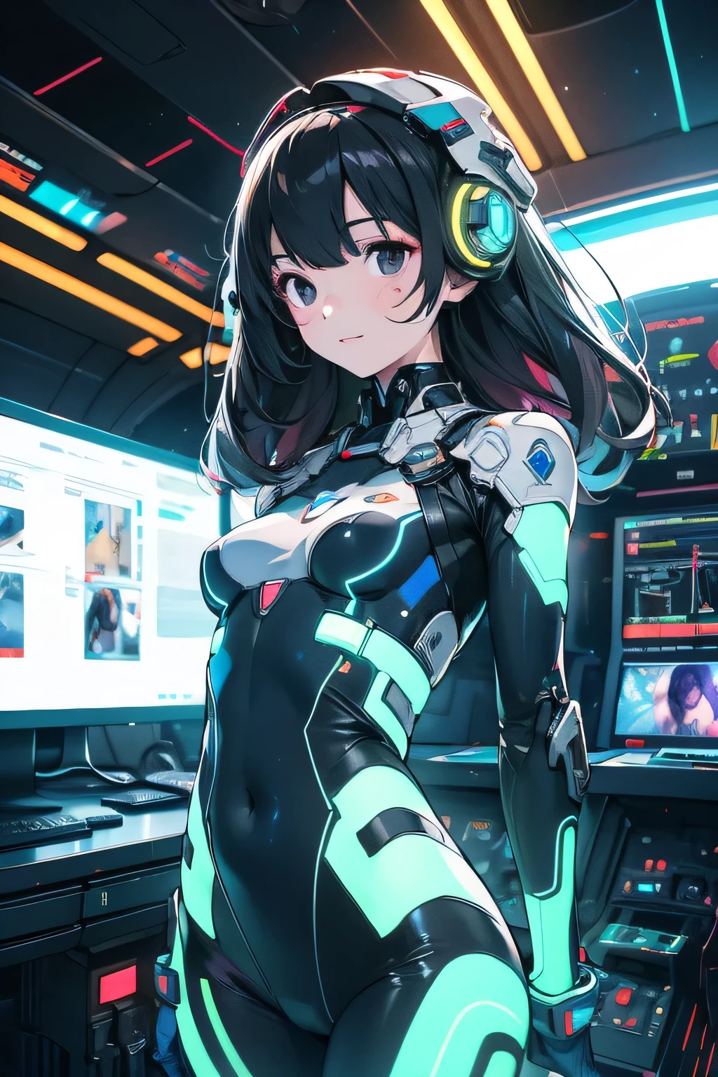 top-quality、Top image quality、​masterpiece、girl with((black mecha suit、Shining gold mech suit、18year old、 Ager、cute little、Best Bust、big bast,Beautifully shining purple eyes open wide, cosmic hair、Longhaire、A slender,big moves in volleyball,headphone pose、Jumping and kicking)),hiquality、Beautiful Art、Background with((A world of shining galaxies)))、Depth((UFO)),masutepiece、depth of fields,Cinematic style