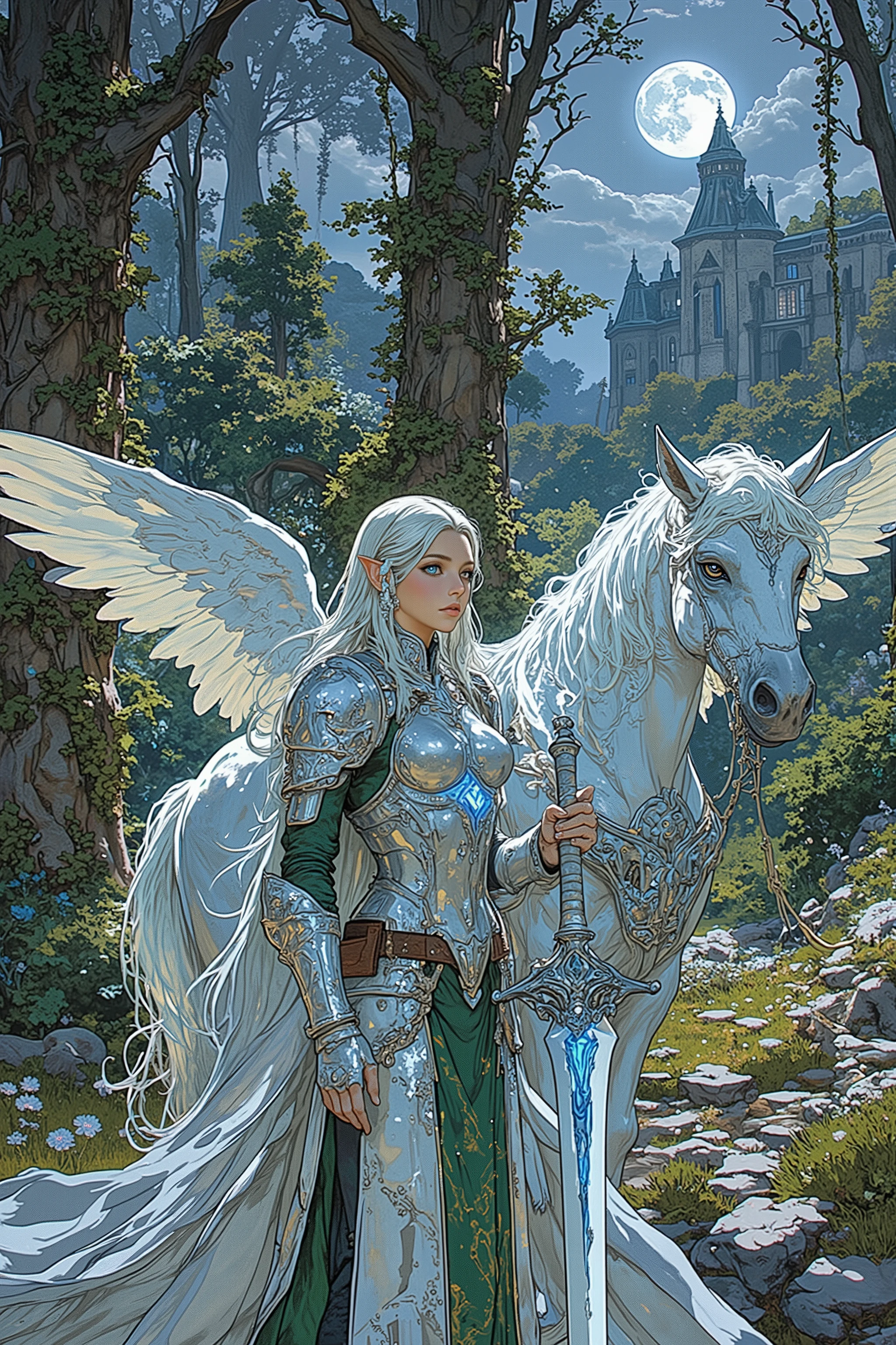 A high-resolution digital painting of a **confident female Elven soldier** standing in front of a **majestic Pegasus** in an **enchanted Elven forest**. She wears a **body-fitting silver armor**, designed with a **sleek yet elegant elven aesthetic**, featuring **intricate engravings and glowing blue runes** that enhance both protection and magic. The armor is **light yet durable**, allowing for agility and grace in battle. Her **long, flowing silver hair cascades down her back**, and her **piercing emerald eyes radiate wisdom and strength**. She holds a **finely crafted elven sword**, its blade shimmering with an ethereal glow.  

The **Pegasus** behind her is a **symbol of purity and power**, with **pristine white wings that shimmer under the mystical forest light**. It stands proudly, exuding a sense of loyalty and readiness for battle.  

The **Elven forest in the background** is a **dreamlike realm of towering ancient trees with glowing vines and softly floating magical wisps**. The atmosphere is **serene yet charged with arcane energy**, as the leaves shimmer in hues of silver and green, reflecting the soft light of an unseen celestial presence. The **moonlight filters through the dense canopy**, casting a mystical glow on the forest floor covered in luminescent flowers and intricate stone paths.  

The composition focuses on the **soldier’s commanding stance, the regal presence of the Pegasus, and the ethereal beauty of the forest**, embodying **fantasy realism, warrior elegance, and mythical adventure aesthetics**. This cinematic artwork is **perfect for concept art, a fantasy book cover, or an epic RPG illustration**.  
