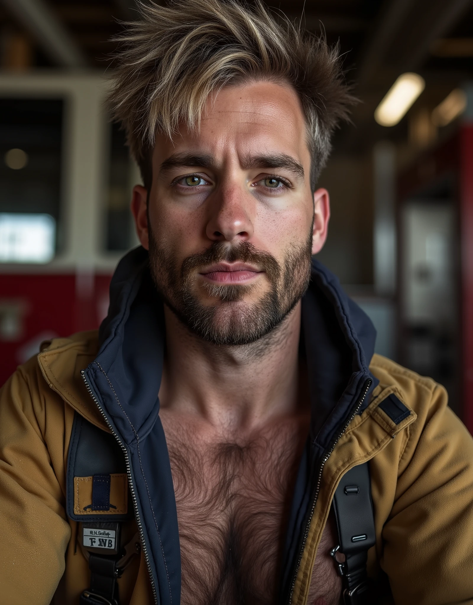masterpiece, best quality, high resolution, closeup portrait, male focus, solo focus, A man, 30 years old, with firefighter uniform, firefighter suit, firefighter,  messy hair, blonde silverish hair, messy hairstyle, smirk, cute and seductive face, bare chest, prominent hair, facial hair, roman nose, scruffy, hairy abs,  skinny body, hairy legs, undressed undone uniform, dimples, beard, bold jawline, pale skin, , in the background a fire station,  view from below, amazing composition, front view, HDR, ultra quality, elegant, highly detailed