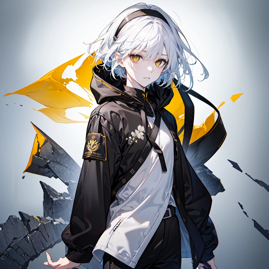 anime boy, {best quality}, {{masterpiece}}, {highres}, extremely detailed boy, solo, sharp focus,{{{{{{flower shop}}}}}}, {{cinematiclighting}}, {{{character{{{1 boy}}}}}}, solo, puffy black hoodie, loose high-neck, turtle-neck, ziper from the neck to the chest, black cargo pants with white details, standing 1/3 view, bored neutral face, closed mouth, beautiful detailed eyes, heterochromia, {white eye} on left, black eye on right, jewel-like eyes, {{{{{{{{empty eyes}}}}}}}, {{{{{sharp focus}}}}}, {{{{{masterpiece illustration}}}}}, {{{{medium shot}}}}, shiny hair, {{{{{{{{{{{{{medium hair}}}}}}}}}}}}}, {{{{{{{{{two-tone hair}}}}}}}}}, white hair: 50 right, blackhair: 50 left, hair between eyes, yin and yang, genshin impact, {{{{{{cloudy}}}}}}, Black-eyed Susan flower field, {{cloud}}, holding scale of justice around belly height, human sized hammer standing upside down besides, camera angle from the side, sideway camera angle, anime boy, man, male