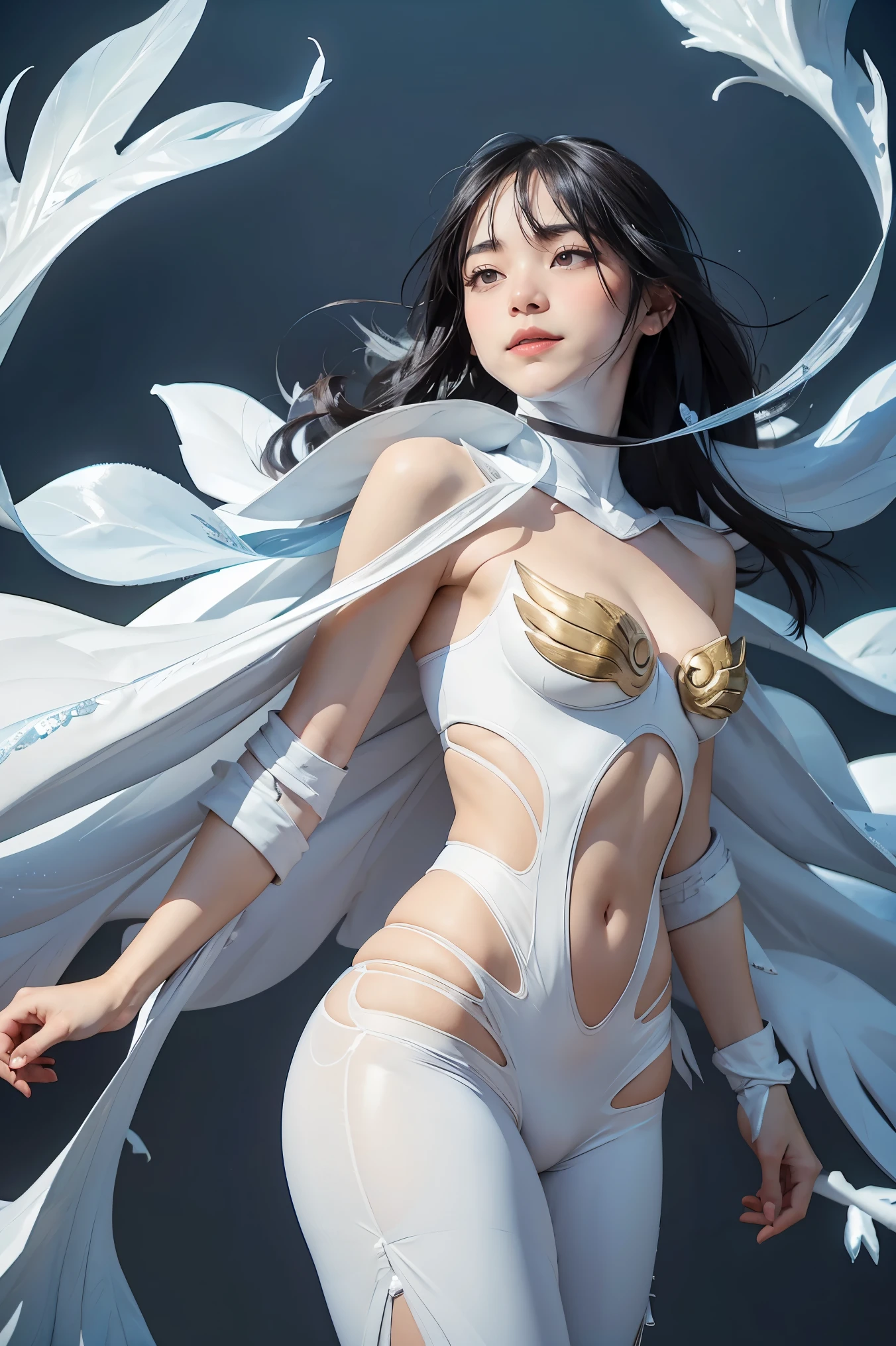 A petite and elegant woman in a white suit with a calm, confident demeanor, standing approximately 5'2". She has shoulder-length black hair that flows gently around her face, almond-shaped eyes, and a soft, radiant complexion. She wears a sleek combat outfit (white suit and trousers), featuring icy blue and white tones that reflect her mastery of ice magic. Frost patterns adorn her sleeves and boots, summoning sharp icicles in mid-air with her hands glowing in a frosty aura.