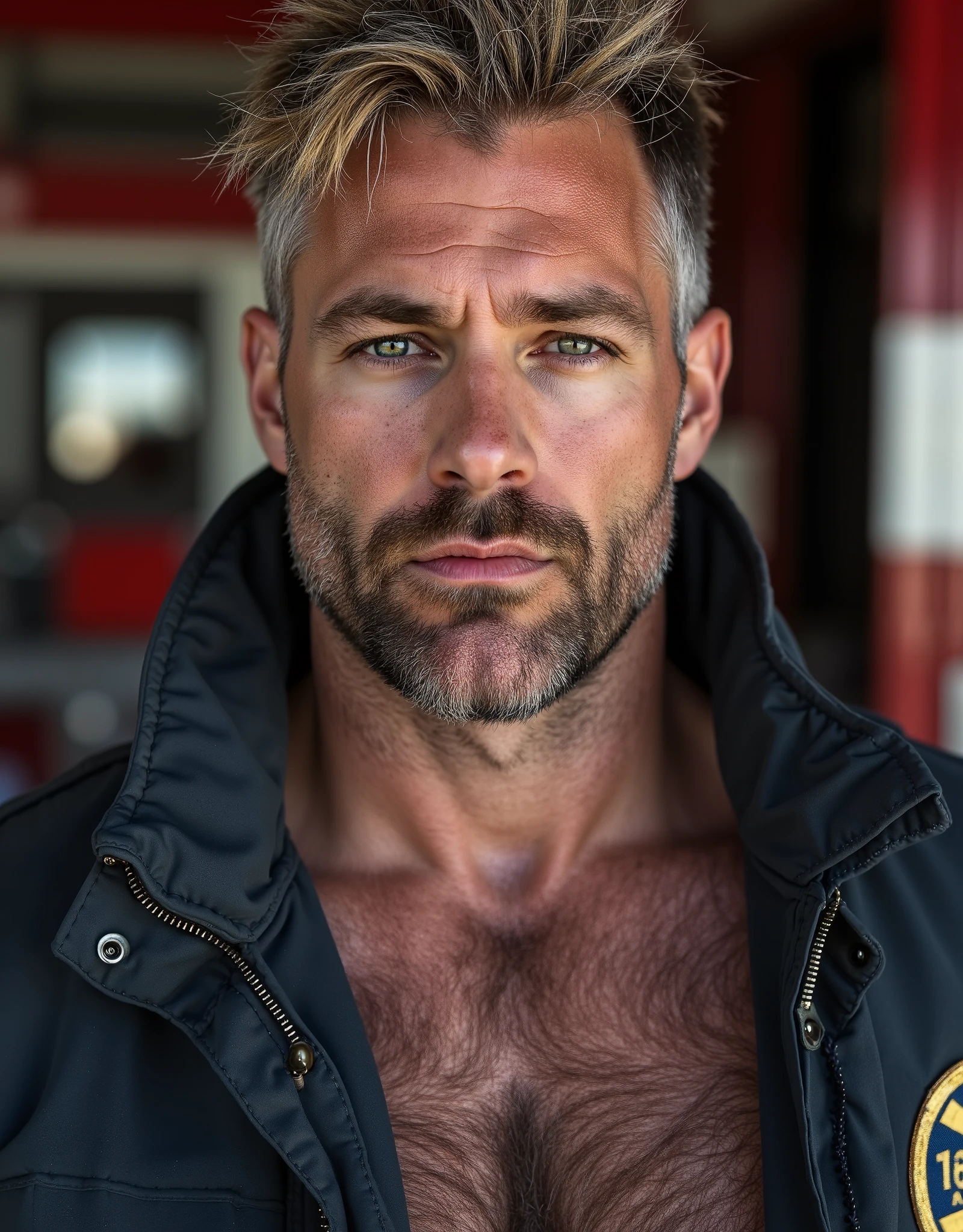masterpiece, best quality, high resolution, closeup portrait, male focus, solo focus, A man, 30 years old, with firefighter uniform, firefighter suit, firefighter,  messy hair, blonde silverish hair, messy hairstyle, smirk, cute and seductive face, bare chest, prominent hair, facial hair, roman nose, scruffy, hairy abs,  skinny body, hairy legs, undressed undone uniform, dimples, beard, bold jawline, pale skin, , in the background a fire station,  view from below, amazing composition, front view, HDR, ultra quality, elegant, highly detailed