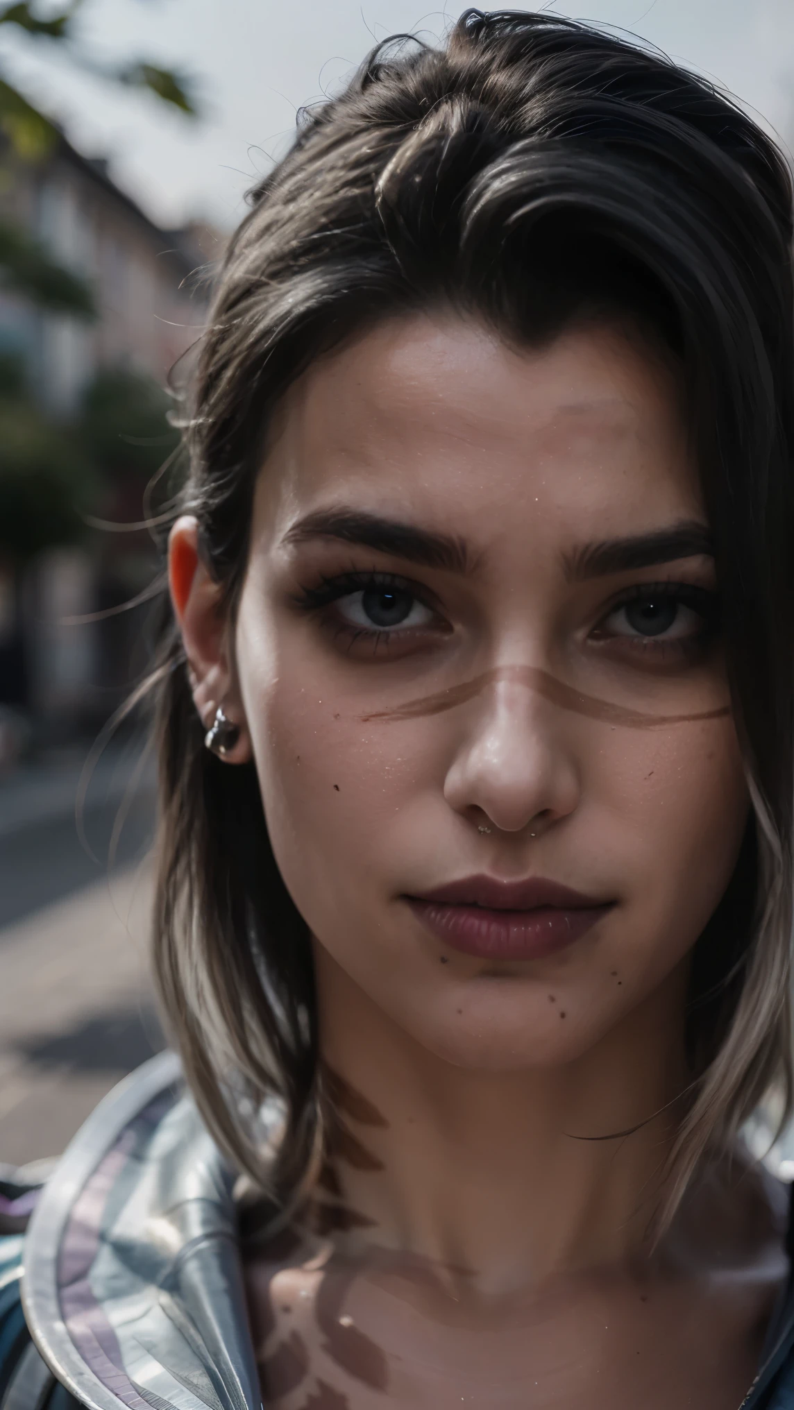 (masterpiece), best quality, HD, expressive eyes, perfect face, Turkish girl, smoked eyes, makeup, 1girl, cowboy shot, black hair, heterochromia eyes,(high quality eyes), nasal scar, undercut bangs, scar, scars on face, outdoors, looking at viewer, black croptop, sporty, collarbone, leather leggings, valorant, lambskin jacket clothing, shoes, full body, seducing poses, (((sadness look))) sporty clothing, chin piercings, Gothic punk nose piercings, smiling, ear piercings eyes, Incirlik background, cowboy shot, black shirt, close view, smiling warmly, henna hand, teardrops, crying face, creep
