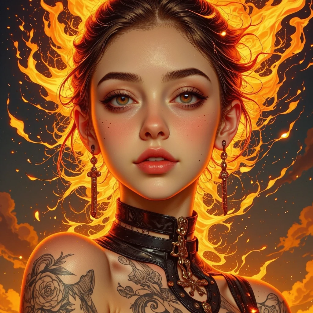Create an image of the most stunningly gorgeous beautiful perfect young sexy young daughter of lucifer, high detailed sexy stunning feminine face, perfect makeup, sexy seductive lips, lipstick, beautiful perfect hour glass body figure, long flowing hair, gigantic natural perky breasts, detailed silky smooth skin, nude, lace thong, hyper detailed perfect nipples, full body view, skull tattoos,