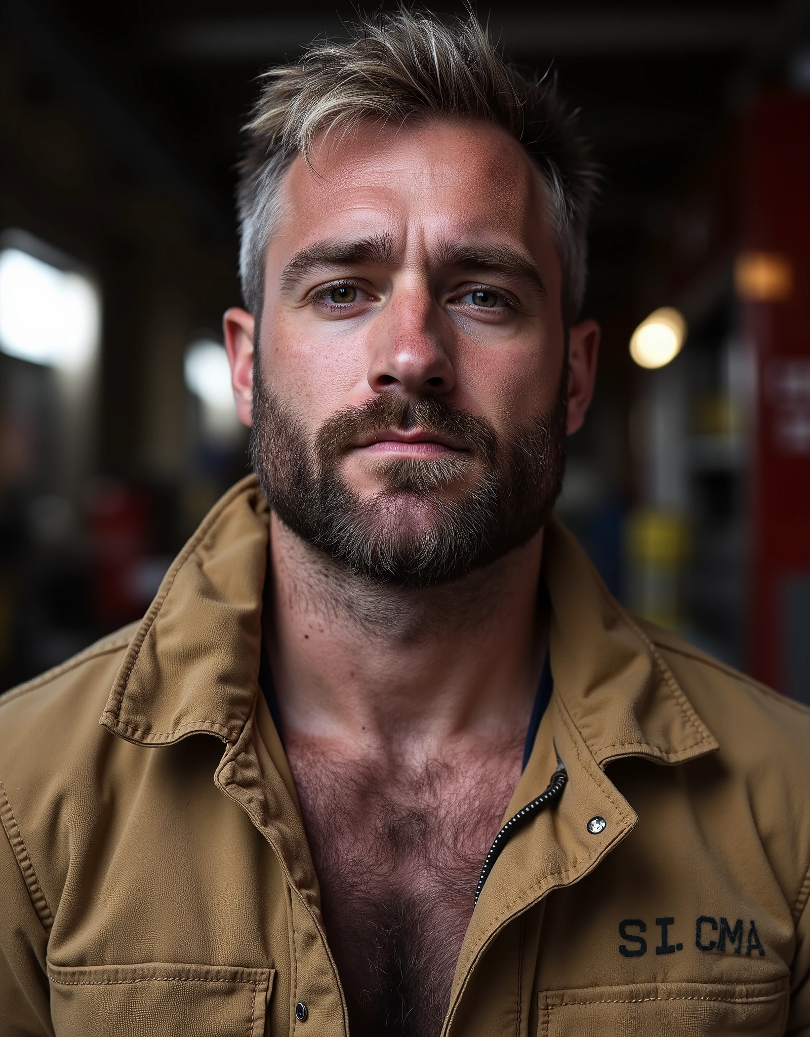 masterpiece, best quality, high resolution, closeup portrait, male focus, solo focus, A man, 30 years old, with firefighter uniform, firefighter suit, firefighter, messy hair, blonde silverish hair, messy hairstyle, smirk, cute and seductive face, bare chest, prominent hair, facial hair, roman nose, scruffy, hairy abs, skinny body, hairy legs, undressed undone uniform, dimples, beard, bold jawline, pale skin, , in the background a fire station, view from below, amazing composition, front view, HDR, ultra quality, elegant, highly detailed
