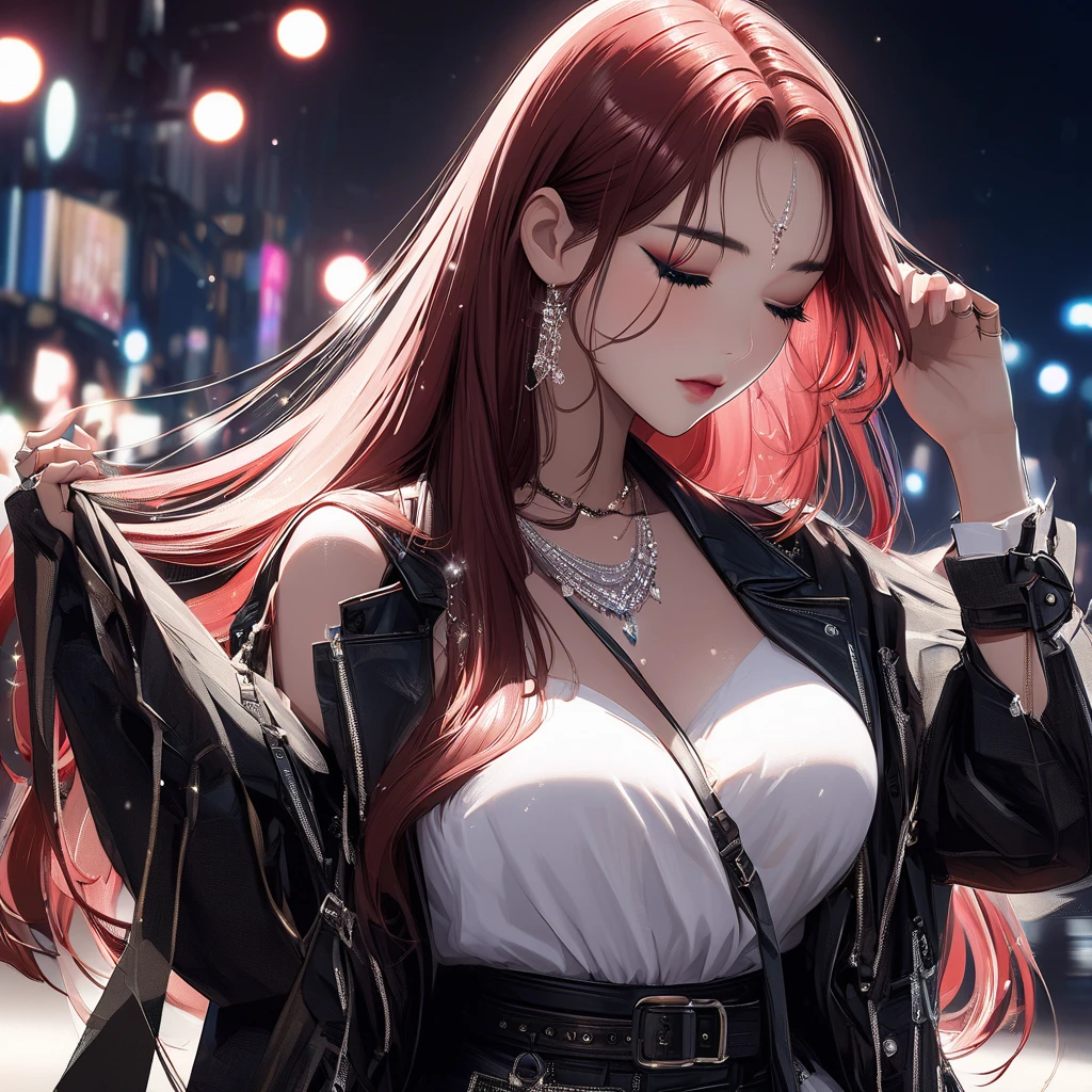 Hair above one eye, Red Eyes, Clear eyes, Necklace, Neon shirt, Damaged Leg Garment, Cardigan jacket, Towards the wall, Brick Wall, Graffiti, shineing grafiti, shineing tattoos, shine, Neon lights, rays of black light,Anime style, Film Portrait Photography, 1 female, 22 years ago, whole body,Blue Eyes Background, Full breasts, anger, (Scarlet hair), Long hair, Purple Eyes, Wearing a short black skirt, (Natural skin texture Vivid details, Surrealism, (Realistic and detailed eyes, Natural skin texture, Realistic facial details), Soft and dramatic lighting, Writing border depth, Bokeh, Vivid details, Surrealism, 35mm , Hazy, ,Lipstick, Danteidong, Eyeshadow, Hoop Earrings, Pink lips, 多色のRed Eyes, Purple theme,Wearing a Rainbow Halo,beautiful eyes,Standing in front of the red door、shrine,Jingu-mae,A bold gesture、Decide on the pose,On the ponytail,Long bangs