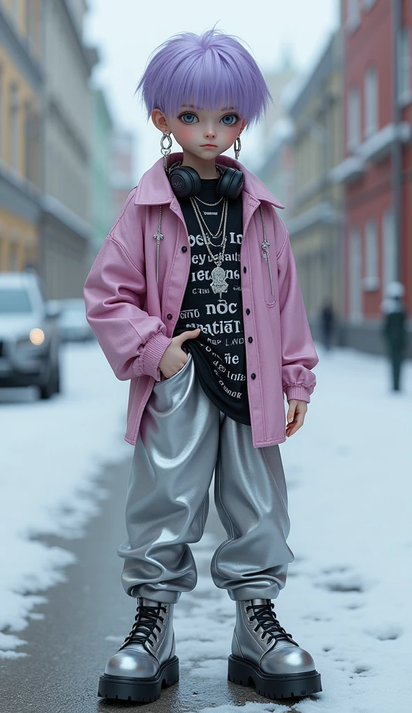 BJD style, Gothic style, boy, light purple gradient hair, gray eyes, white cross earrings, cold expression, pink straight-striped collared long-sleeved shirt, headphones around the neck, multiple long silver necklaces, black short-sleeved T-shirt covered with Indian text, the sleeves and length of the shirt are longer than the T-shirt, the shirt is inside the T-shirt, half of the shirt is tucked into the pants, silver belt, silver trousers with large pockets, white socks, silver high platform boots, one hand inserted into the pants Pocket, side view standing on a snowy street in Moscow,full body,3D,UE4