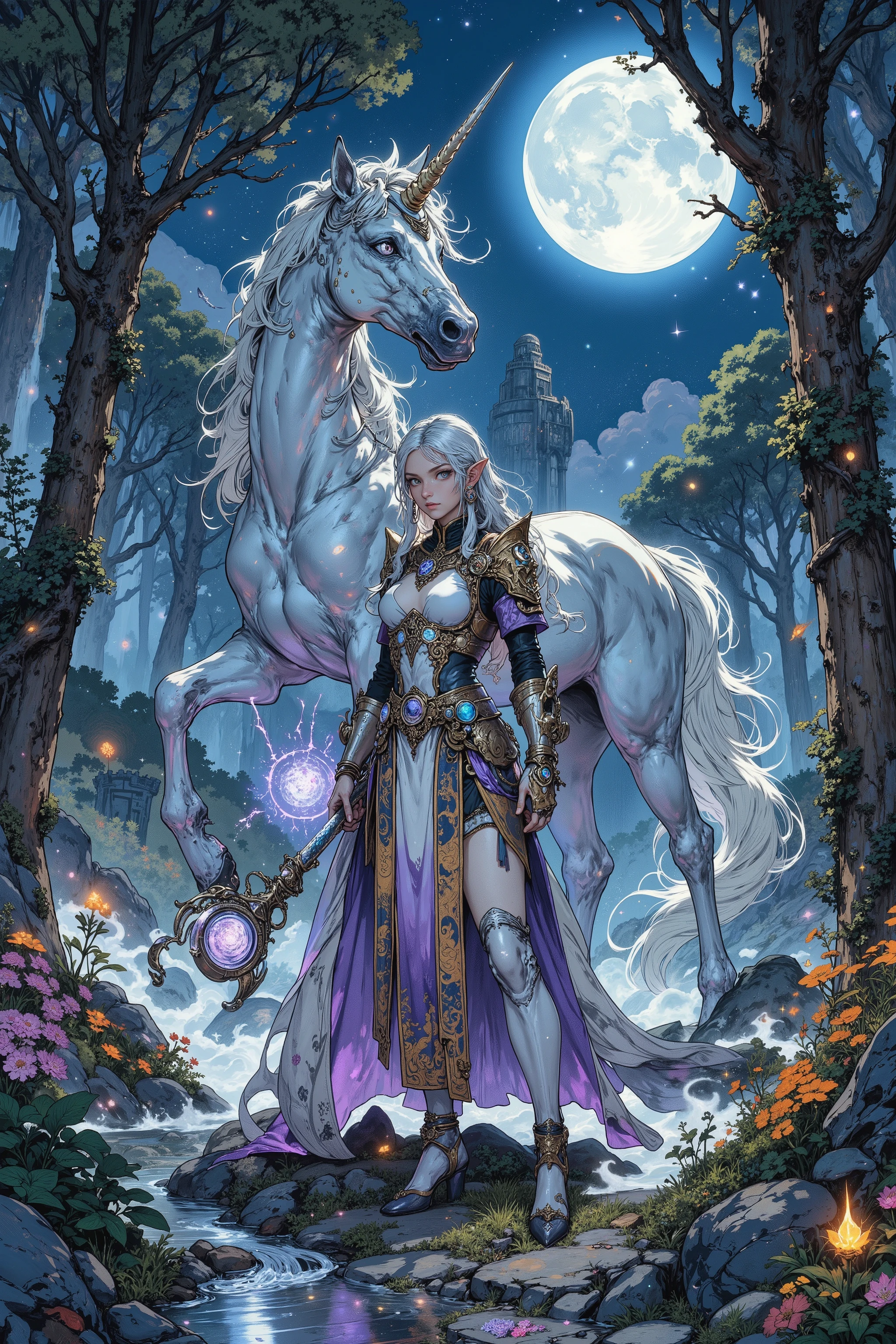 A high-resolution digital painting of a **powerful female Elven Battlemage** standing proudly in front of a **majestic Unicorn** in an **enchanted Elven forest**. She wears **ornate, flowing battle robes woven with intricate arcane symbols**, layered with **light yet resilient elven armor adorned with glowing magical engravings**. Her **long silver hair cascades in elegant waves**, and her **piercing violet eyes radiate arcane energy**. She wields a **magnificent battlestaff**, its **crystal core pulsating with a swirling glow of raw magical power**, casting a soft illumination around her.  

Behind her, the **Unicorn** exudes **grace and mystical power**, standing tall with **a shimmering silver coat** that reflects the moonlight. Its **spiral horn crackles with divine energy**, and its **flowing mane glows with an ethereal light, trailing faint magical wisps in the air**. Its **hooves barely touch the forest floor**, as though existing between realms, infused with celestial energy.  

The **background reveals an ancient Elven forest**, alive with **soft, pulsating mystical light**. Towering **trees with luminous, cascading vines** create a dreamlike canopy, while **floating magical wisps drift through the air**. The **forest floor is blanketed in glowing, enchanted flora**, and a **gentle mist swirls around ancient stone pathways**. The **moonlight pierces through the dense foliage**, casting an enchanting glow over the scene, enhancing the ethereal atmosphere.  

The composition captures the **Elven Battlemage’s commanding presence, the Unicorn’s divine mystique, and the enchanted forest’s breathtaking beauty**, blending **fantasy realism, celestial magic, and mythical adventure aesthetics**. This cinematic fantasy artwork is **ideal for concept art, a fantasy book cover, or an epic RPG illustration**.  
