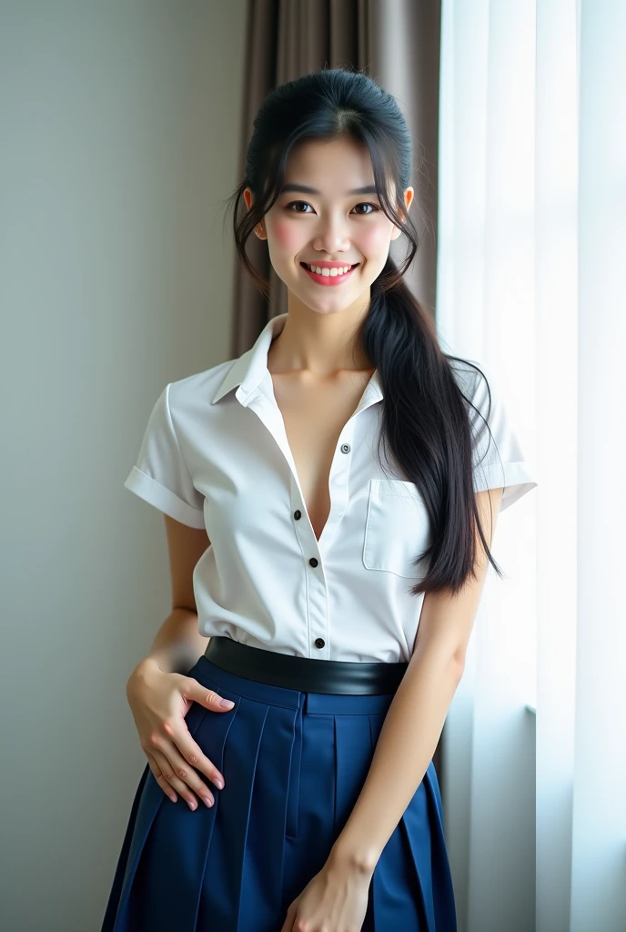 Two Japanese women, (smile:1.05),Browsing Caution、A camera angle looking up at a girl from waist height、8K,Highest quality, masterpiece, Very detailed, 超High resolution, Realistic, RAW Photos, , Absolute Resolution, Complete limbs、Complete Anatomy、Perfect beautiful skin、cute女の子1人,cute女の子 、、(smile:1.2)、Lolita Girl、(school uniform:1.3)、(Sleeveless shirt:1.1)、 ((When you raise your hands above your head, you can see your armpits.))、、Micro Mini Skirt、、Accentuate your thighs、cute女の子、 , Realistic young gravure idol, Japanese Girls、、by 2 person、(bedroom:1.2)、Mix 4, (16K, Raw photo, Best image quality, masterpiece: 1.45), (Realisticな, Photorealistic: 1.37), Two Girls, cute, Professional Lighting, Photon Mapping, bedroom, Physically Based Rendering, Dark brown long bob hair,Beautiful, well-groomed eyes、double eyelid、With a girl, (((Sleeveless shirts worn by Japanese high school girls、Checkered mini skirt,、Dark blue socks、Black Loafers))), Highest qualityの写真, High resolution, 1080P, (Clear Face), (Detailed face description), (Detailed hand description), (masterpiece), masterpiece、Rich details、(Beautiful Faces)、(Highest qualityの写真)、(Detailed eyes)、 in front of you、Thin clavicle、((Slim and large))、(((Japan wears short-sleeved shirts)))、((Pure Idol))、((明るいbedroom))、(Shot from random perspectives)、(((とにかくcute)))、smile、Drawing the whole body from the knees、 nasolabial folds、(Large firm breasts:1.2)、Firm big ass、Two arms and two legs、(((from the front:0.4)))、bare hands、Symmetrical eyes、