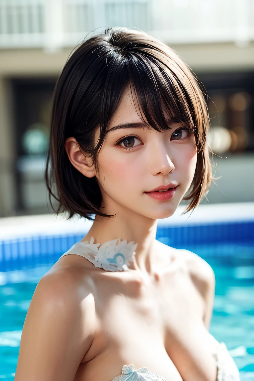 8k,Highest quality,(masterpiece:1.2),(Realistic),(Realistic:1.37),Ultra-high resolution,1 high school girl,smile,((Big Breasts)),Beautiful Eyes,(((Cute Bikini))),Tropical Beach,Perfect body,Perfect Fingers,Professional Lighting,gravure,Detailed face and skin texture,fine grain,RAW Photos