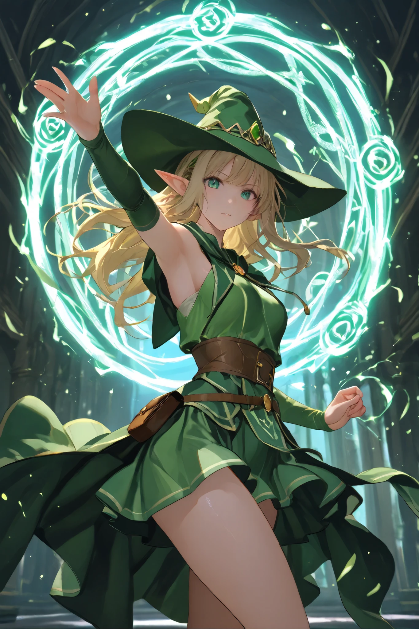 ((cowboy shot)), perfect anatomy、looking at viewer、 Female elf wizard in fantasy world chanting magic with arms raised, mini skirt, floaty skirt, beautiful thighs, magical light, dynamic composition, active angles, blonde hair,hand, arm cover、Arm Pit.、Sleeveless robes,Wind Magic、 spiral circle 