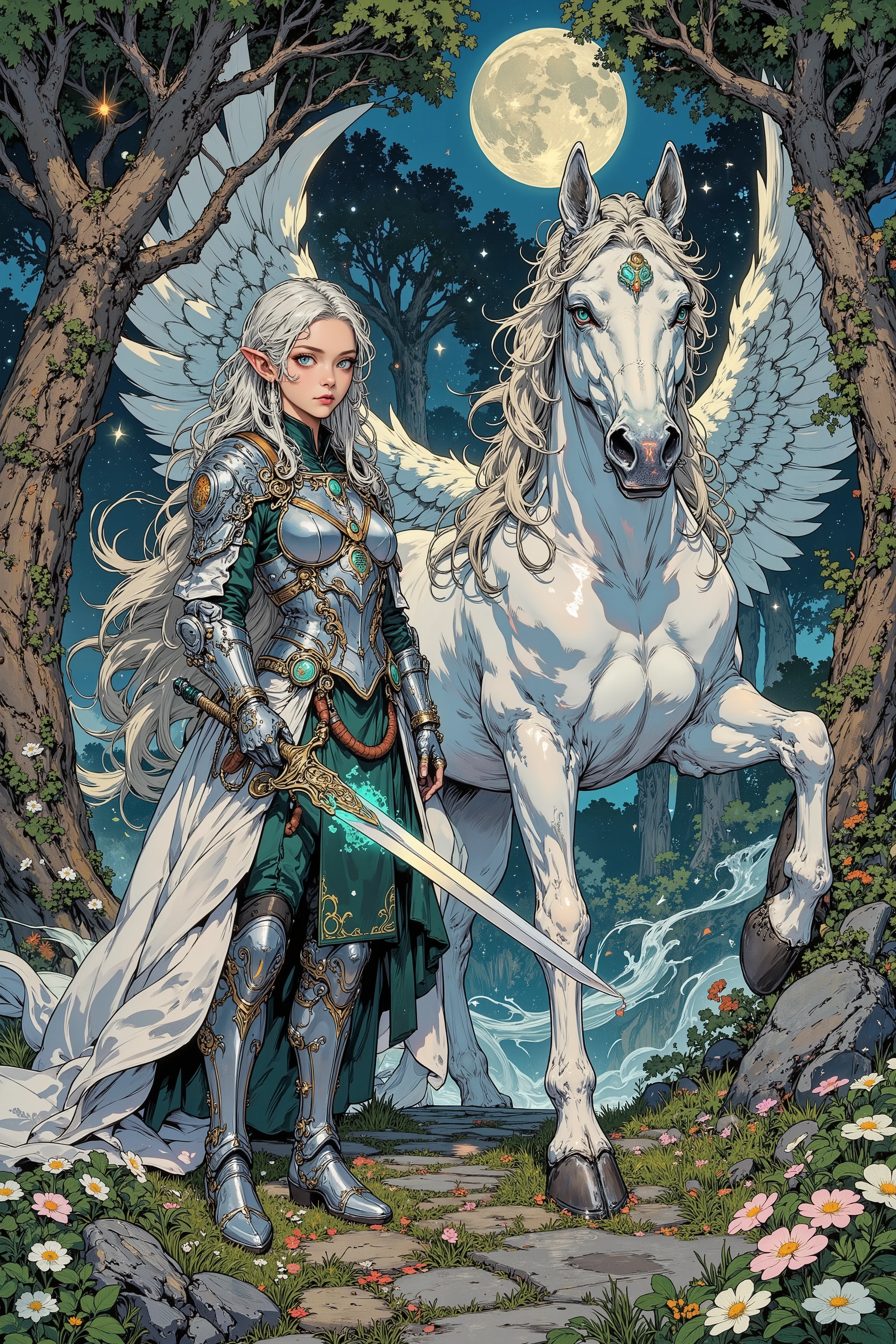 A high-resolution digital painting of a **confident female Elven soldier** standing in front of a **majestic Pegasus** in an **enchanted Elven forest**. She wears a **body-fitting silver armor**, designed with a **sleek yet elegant elven aesthetic**, featuring **intricate engravings and glowing blue runes** that enhance both protection and magic. The armor is **light yet durable**, allowing for agility and grace in battle. Her **long, flowing silver hair cascades down her back**, and her **piercing emerald eyes radiate wisdom and strength**. She holds a **finely crafted elven sword**, its blade shimmering with an ethereal glow.
The **Pegasus** behind her is a **symbol of purity and power**, with **pristine white wings that shimmer under the mystical forest light**. It stands proudly, exuding a sense of loyalty and readiness for battle.
The **Elven forest in the background** is a **dreamlike realm of towering ancient trees with glowing vines and softly floating magical wisps**. The atmosphere is **serene yet charged with arcane energy**, as the leaves shimmer in hues of silver and green, reflecting the soft light of an unseen celestial presence. The **moonlight filters through the dense canopy**, casting a mystical glow on the forest floor covered in luminescent flowers and intricate stone paths.
The composition focuses on the **soldier’s commanding stance, the regal presence of the Pegasus, and the ethereal beauty of the forest**, embodying **fantasy realism, warrior elegance, and mythical adventure aesthetics**. This cinematic artwork is **perfect for concept art, a fantasy book cover, or an epic RPG illustration**.