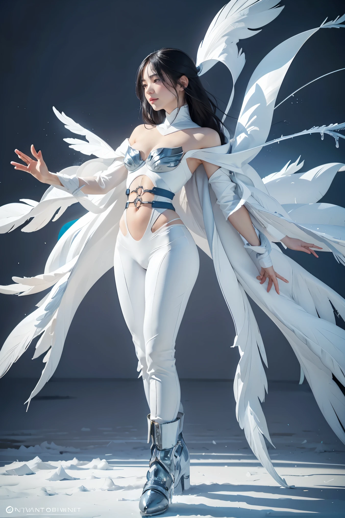 A petite and elegant woman in a white suit with a calm, confident demeanor, standing approximately 5'2". She has shoulder-length black hair that flows gently around her face, almond-shaped eyes, and a soft, radiant complexion. She wears a sleek combat outfit (white suit and trousers), featuring icy blue and white tones that reflect her mastery of ice magic. Frost patterns adorn her sleeves and boots, summoning sharp icicles in mid-air with her hands glowing in a frosty aura.