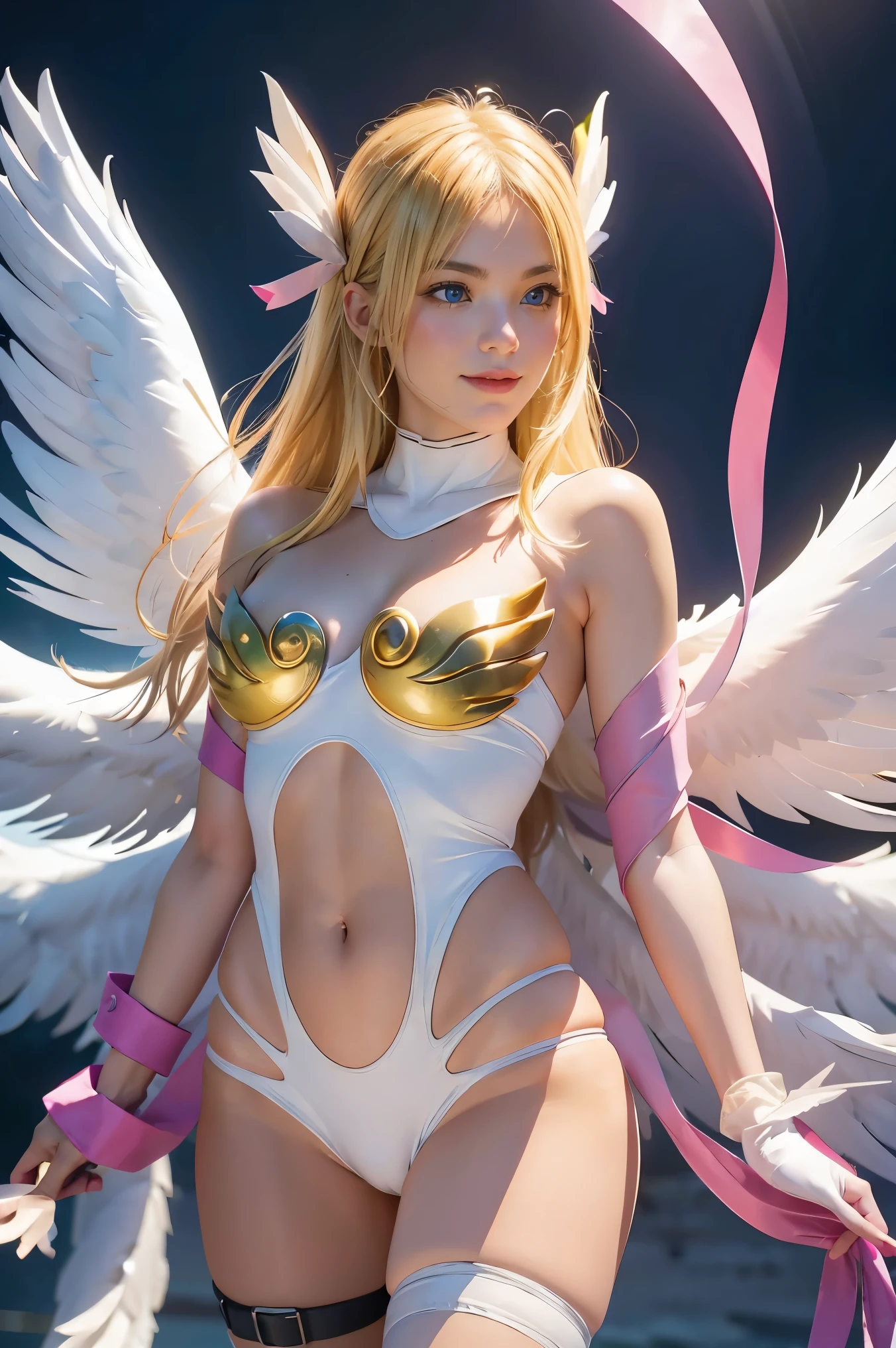angewomon, ((blonde hair)), long hair, angel wings,blue eyes, bare shoulders, elbow gloves, feathered wings, gloves, navel, pink ribbon, ribbon, single elbow glove, single glove, thigh strap, wings, sexy, sexy body, laugh, masterpiece, best quality, in detail,cute, (split), whole body, Best image quality、masterpiece、8k、Anime Face、A kind smile、 beautiful body 、Cowboy Shot,sexy、Very detailed、highest quality