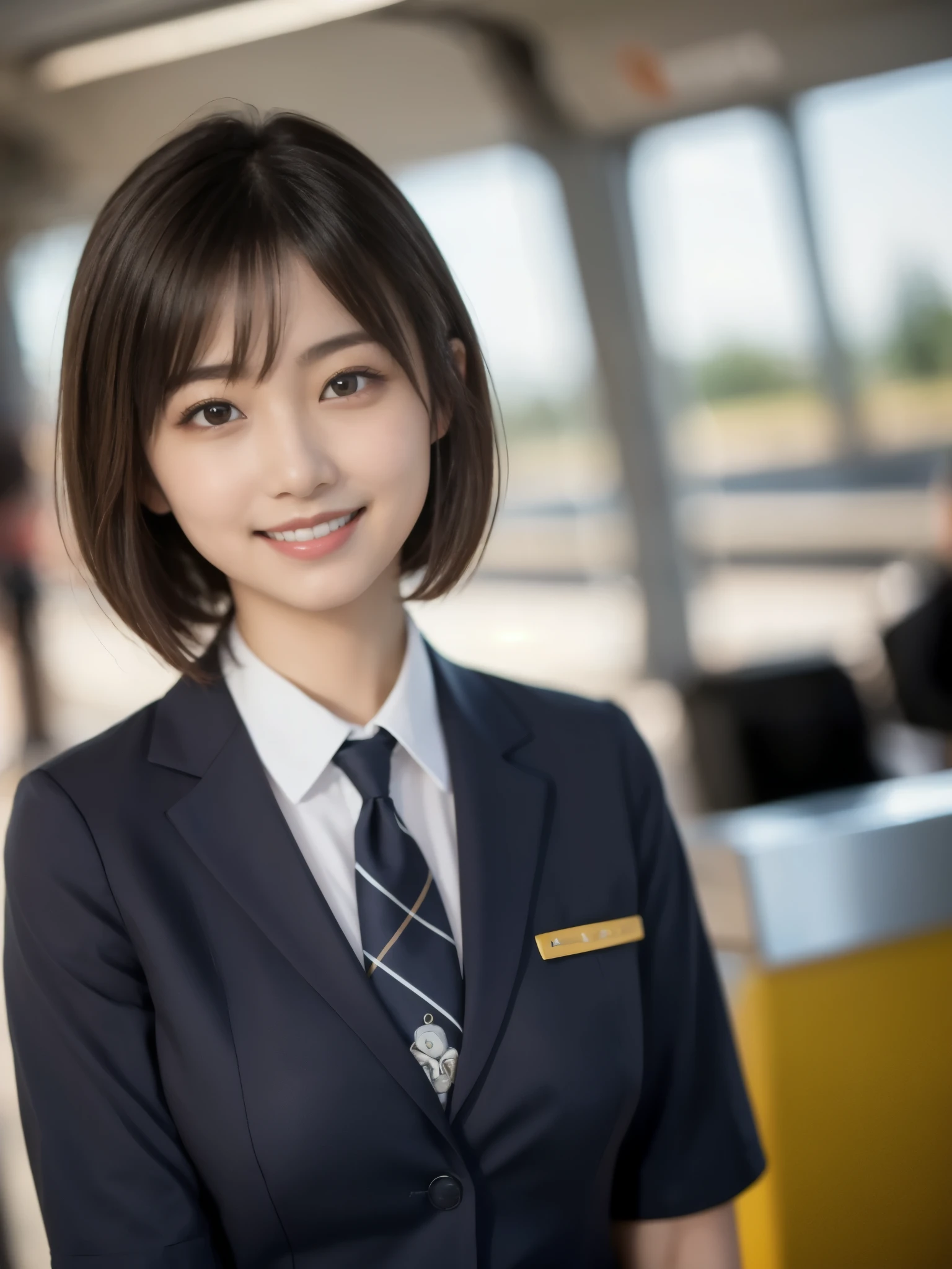 52
(a 20 yo woman), (A hyper-realistic), (masutepiece), Short bob cut, (Airport Cabin Attendant), kindly smile