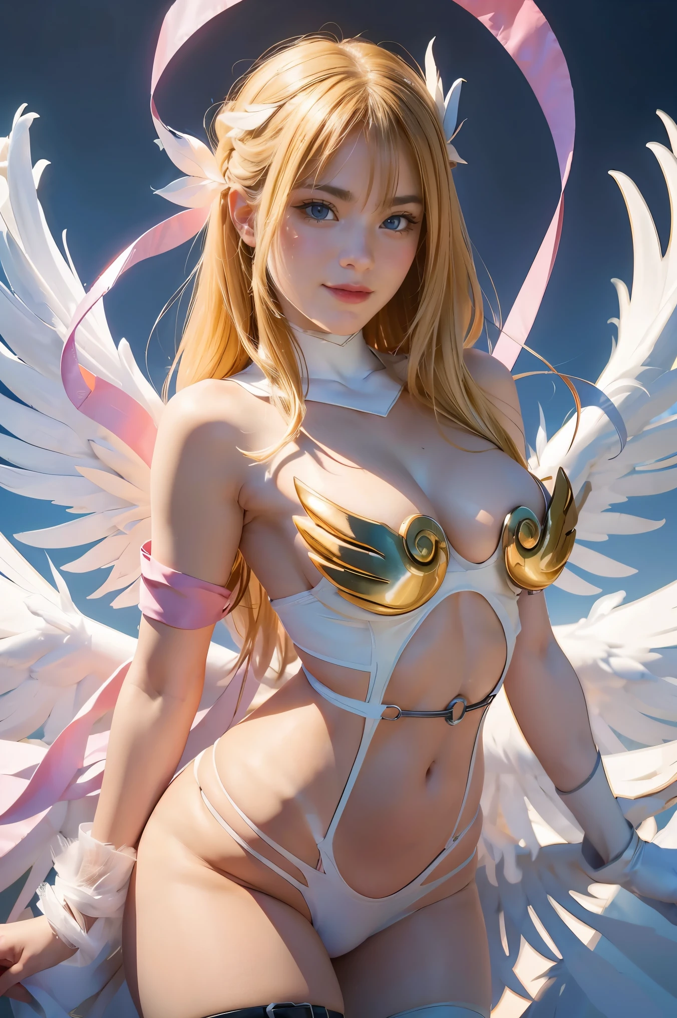 angewomon, ((blonde hair)), long hair, angel wings,blue eyes, bare shoulders, elbow gloves, feathered wings, gloves, navel, pink ribbon, ribbon, single elbow glove, single glove, thigh strap, wings, sexy, sexy body, laugh, masterpiece, best quality, in detail,cute, (split), whole body, Best image quality、masterpiece、8k、Anime Face、A kind smile、 beautiful body 、Cowboy Shot,sexy、Very detailed、highest quality