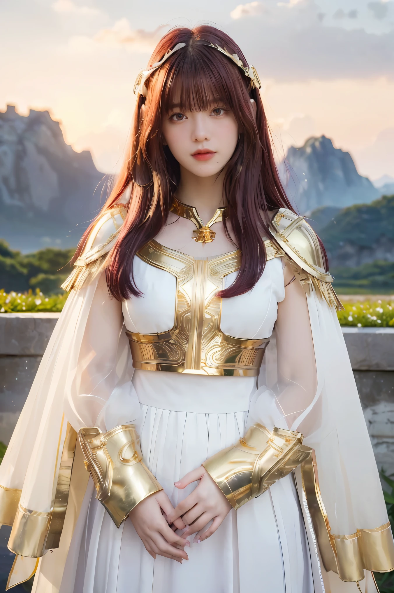 ((masterpiece, best quality, extremely detailed), volumetric lighting, ambient occlusion, colorful, glowing), 1girl, solo, young girl, (maroon hair with bangs), long hair, halo, aura, sacred, goddess, cleric suit, (white outfit with gold detailst:1.3), armor, outdoors, sunset, sky, clouds, space, (fantasy theme:1.2),
