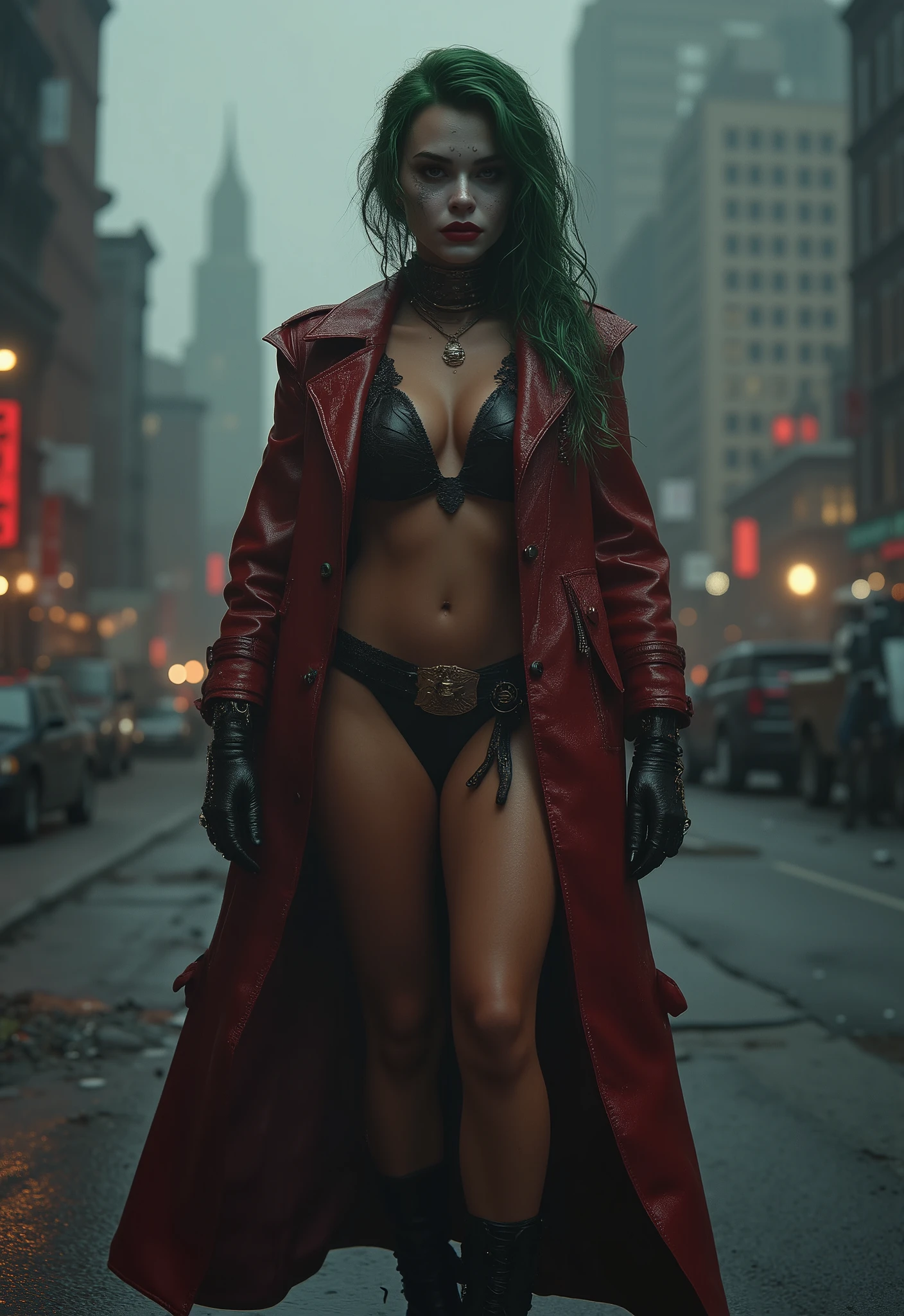 Imagine a scene where this female Joker, standing at the edge of a dark, rain-soaked Gotham City rooftop, surveys the chaotic streets below. The night is alive with the sounds of sirens, distant gunshots, and the low rumble of thunder. The city, usually her playground of chaos, now feels like it's holding its breath, waiting for her next move.
She's just finished a twisted game of cat-and-mouse with Gotham's elite, leaving a trail of destruction and confusion in her wake. Her purple suit jacket flutters slightly in the wind, revealing glimpses of the toned body beneath, accentuated by the barely-there bikini bottom. Despite the madness in her eyes, there’s a calculated sharpness to her every move.
She tilts her head back, letting the rain wash over her, smudging the heavy makeup even more, making her look like a beautiful specter, a vision of twisted perfection. The smeared red smile on her lips, the dark eyes that seem to bore into the soul of anyone who dares meet her gaze—she is the embodiment of chaos wrapped in an irresistible package.
Her next target? An unsuspecting billionaire attending a high-society gala across town, who has no idea that his fortune will soon fuel her next grand scheme. She knows her appearance alone will grant her entry; after all, no one ever suspects the beautiful ones.
She pulls out a small, jagged knife from her jacket pocket, twirling it in her fingers with ease. The blade catches a flash of lightning, reflecting the gleam in her eyes. With a final glance at the city she owns through fear, she whispers to herself, "Let's put a smile on that face."
In an instant, she disappears into the shadows, her laughter echoing through the night—a sound that’s as beautiful as it is terrifying, promising Gotham a night it won’t soon forget.