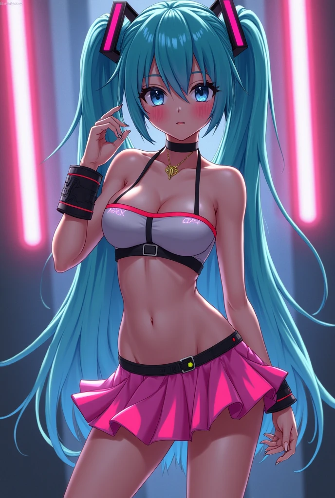 ((Hatsune Miku)), (heavy blushing), ((luminous design)), (((anime style))), blue hair, pink eyes, seductive expression, (lewd), (ecchi), (((((huge tits))))), neon skirt, athletic, choker, rave, wristband, sexy, submissive, portrait, straight on, contrapposto,