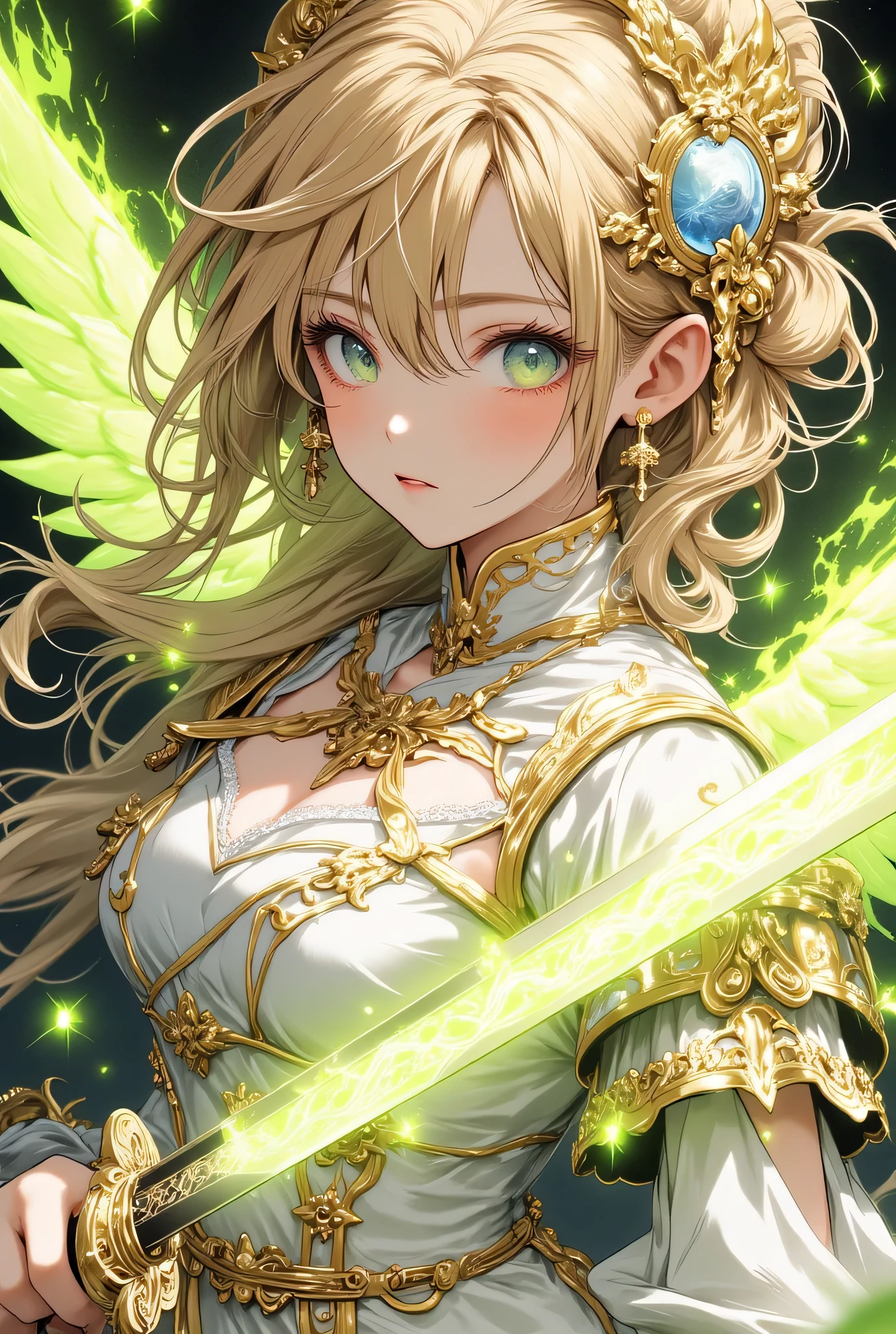 masterpiece,best quality,high resolution,super fine Illustration,
detailed background,detailed skin,detailed face,detailed eye,
The dynamic scene captures, ((angel,wings)),flame,fire,
the instant black and yellow energy sparks as a woman with golden hair and blue eyes,(white brilliant china dress),sexy dress,jewelry,colorful,
launches a thrusting attack with a great sword that is covered in green flames,
The green flames surrounding her great sword give it an eerie glow,glowing,dark fantasy,
battle scene,battlefield background,