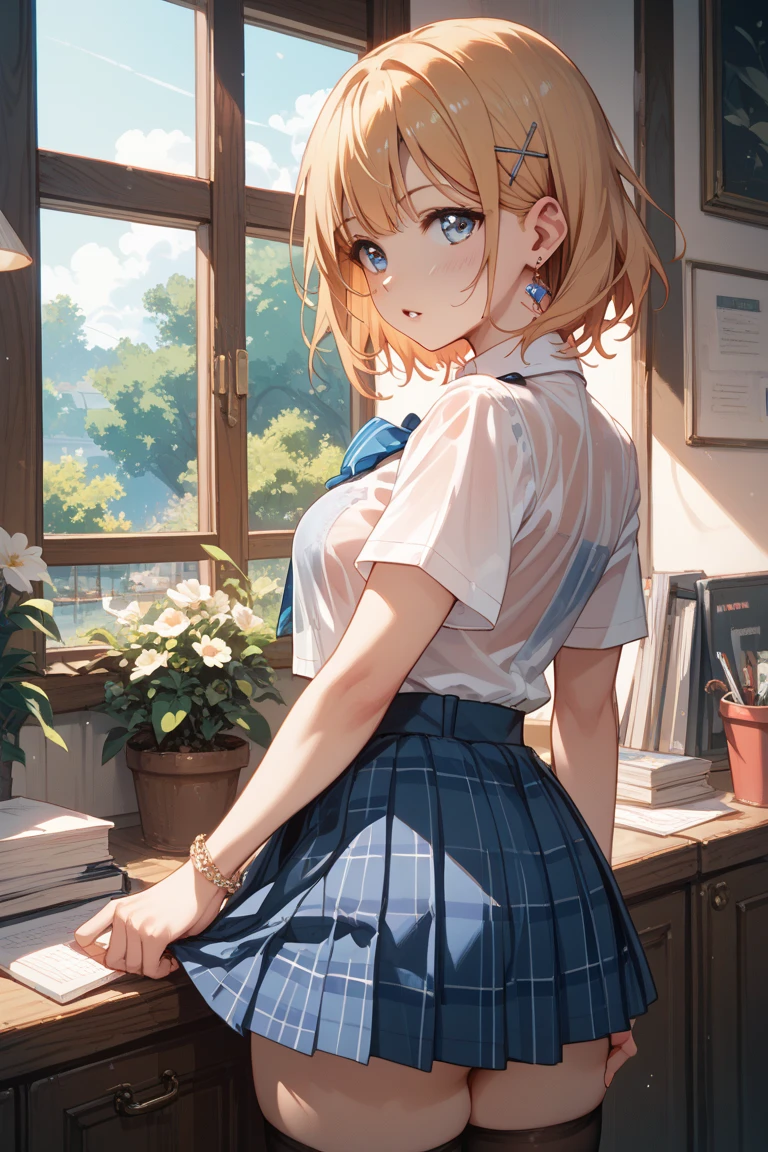 1girl, ass, blue eyes, blonde hair, looking back, hetero, 1boy, skirt, open mouth, solo focus, ass grab, short hair, looking at viewer, headphones, indoors, detached sleeves, window, bangs, smile, from behind, blush, underwear, panties, clothing cutout, bare shoulders, ass focus, blue skirt, skirt lift, breasts, dress, thighs, deep skin, pov
