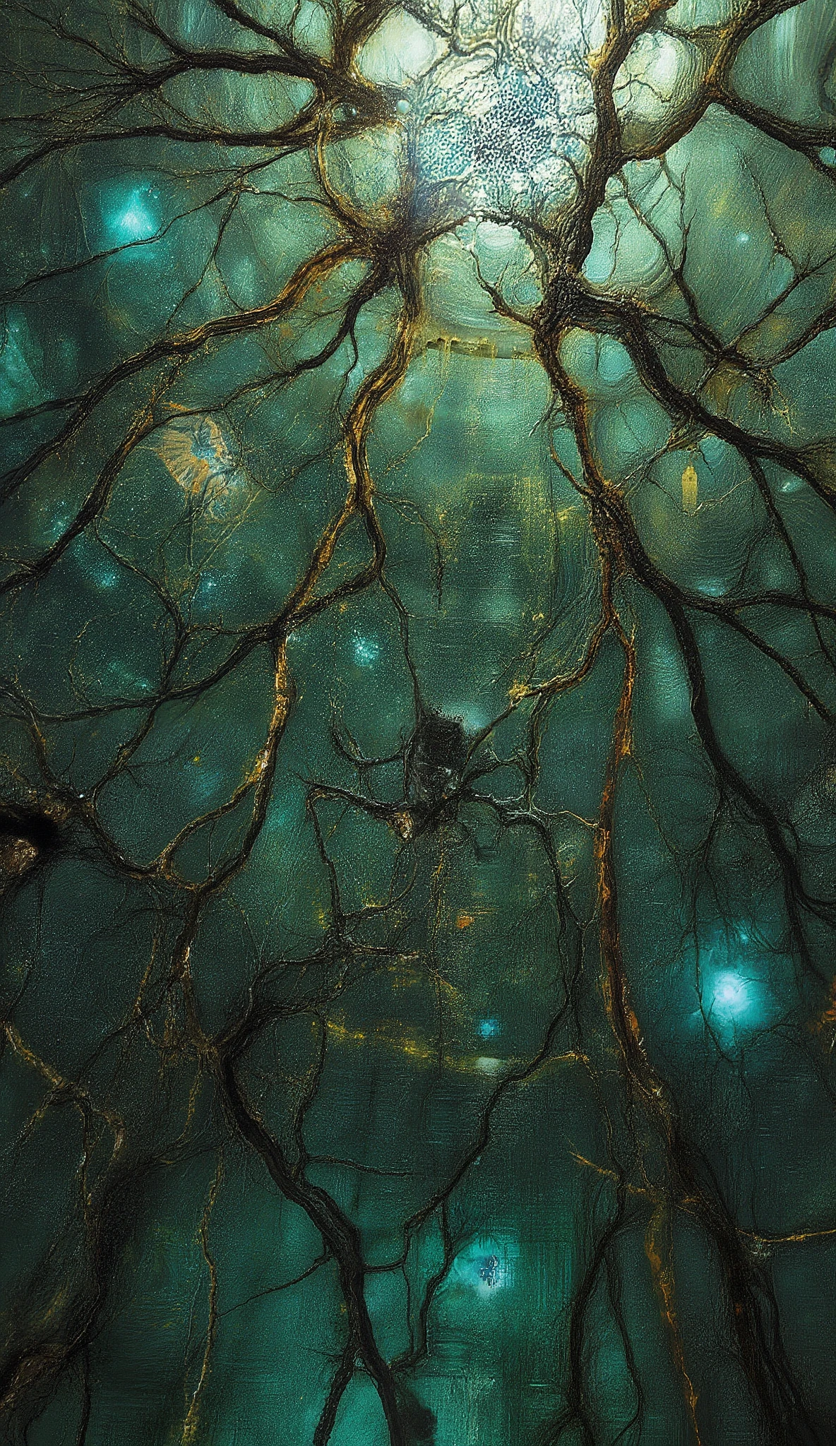 The structure pulses, not with light, but with life—organic, mechanical, indistinguishable. The walls breathe in rhythmic contraction, surfaces shifting between polymer smoothness and raw, fibrous matter. Flesh where there should be metal. Metal where there should be nothing. Giger-like biomechanical veins pulse through the corridors, branching, intertwining, threading through conduits that do not lead anywhere.
The floor does not hold. It shifts, undulates, sensing each movement, adjusting. Duchamp-like distortions fracture its texture—surfaces layered in incomplete transparency, each step landing in multiple places at once, dislocating space itself. The architecture refuses to remain static.
At the center, a form suspended in liquid, though the containment is unclear. It is neither glass nor membrane, a Klein-like contradiction of material that holds yet does not contain. The subject within is unfinished—limbs in varying stages of completion, a body sculpted not by evolution but by intervention. It twitches, but not from will. The nerve endings glow, circuits and veins indistinguishable.
The air is thick with sound—an ambient hum that should not exist, not within silence, not without source. The machines do not whir, the organs do not function, yet the sound persists, embedding itself in the background like an auditory stain. Goya-like shadows stretch along the ceiling, not cast by light, but by something else, something growing.
The colors do not blend. The light is surgical, Caravaggio-like precision illuminating the flesh-metal hybrid in stark contrasts, revealing too much, hiding nothing. There is no blood, only fluid, thick and golden, pooling where bodies should be whole, seeping through synthetic capillaries that should not have formed.
Beyond the containment, figures move. Not people, not machines, something between—gestures hesitant, frames elongated in Schiele-like abstraction. The outlines stutter, not designed for smooth movement, limbs