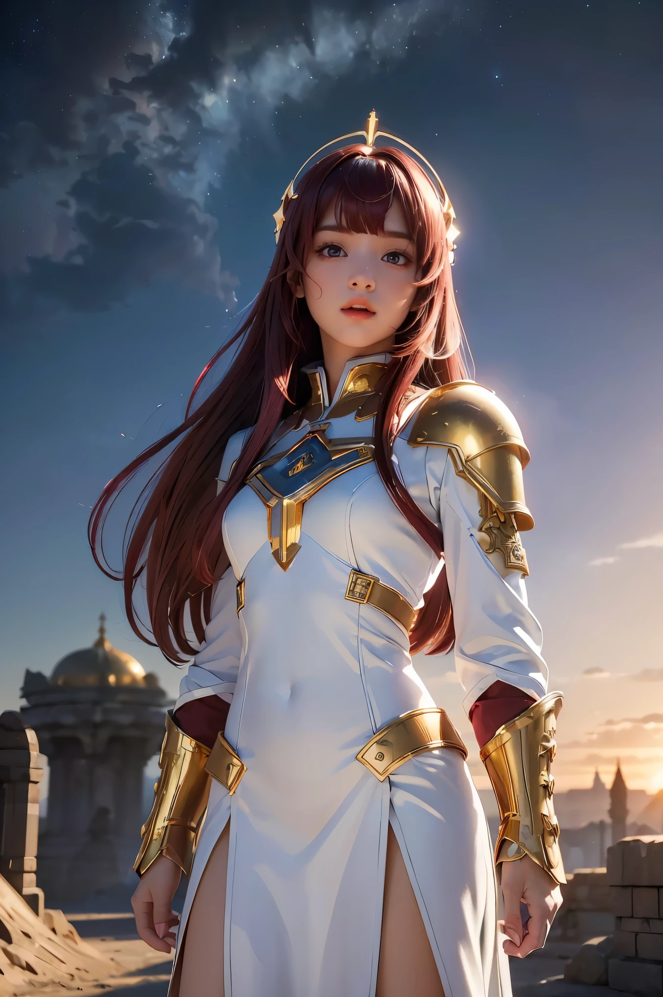 ((masterpiece, best quality, extremely detailed), volumetric lighting, ambient occlusion, colorful, glowing), 1girl, solo, young girl, (maroon hair with bangs), long hair, halo, aura, sacred, goddess, cleric suit, (white outfit with gold detailst:1.3), armor, outdoors, sunset, sky, clouds, space, (fantasy theme:1.2),