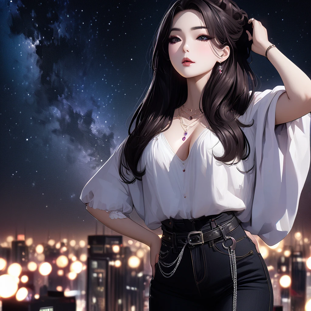 ((Midnight, Best quality, 8k, Masterpiece :1.3)), Whole body, Long legs, Sharp focus :1.2, A pretty woman with perfect figure :1.4, Slender abs :1.1, ((Dark brown hair, Big breasts :1.2)), (White tight tshirt, Jean bib, Standing:1.2), ((Night city view, Rooftop:1.3)), Highly detailed face and skin texture, Detailed eyes, Double eyelid,( watercolor \(medium\), IrisCompiet:1.2),abstract background, fantasy, many colors, colorful, flower petals, wind blowing,masterpiece, best quality, (extremely detailed CG unity 8k wallpaper), (best quality), (best illustration), (best shadow), absurdres, realistic lighting, (Abyss), beautiful detailed glow,clear face, clean white background, masterpiece, super detail, epic composition, ultra HD, high quality, extremely detailed, official art, uniform 8k wallpaper, super detail, 32k -- v 6