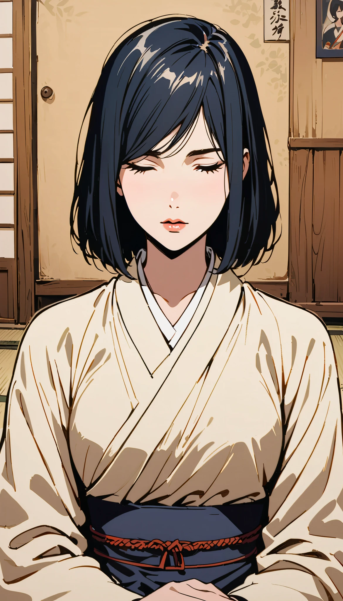vintage movie, girl, short hair, navy hair, straight hair, woman body, white kimono, tatami, meditating
, hyuga clan, shinobi village, konohagakure, (((perfect lips))), perfect hair, looking down, shy, melancholic
